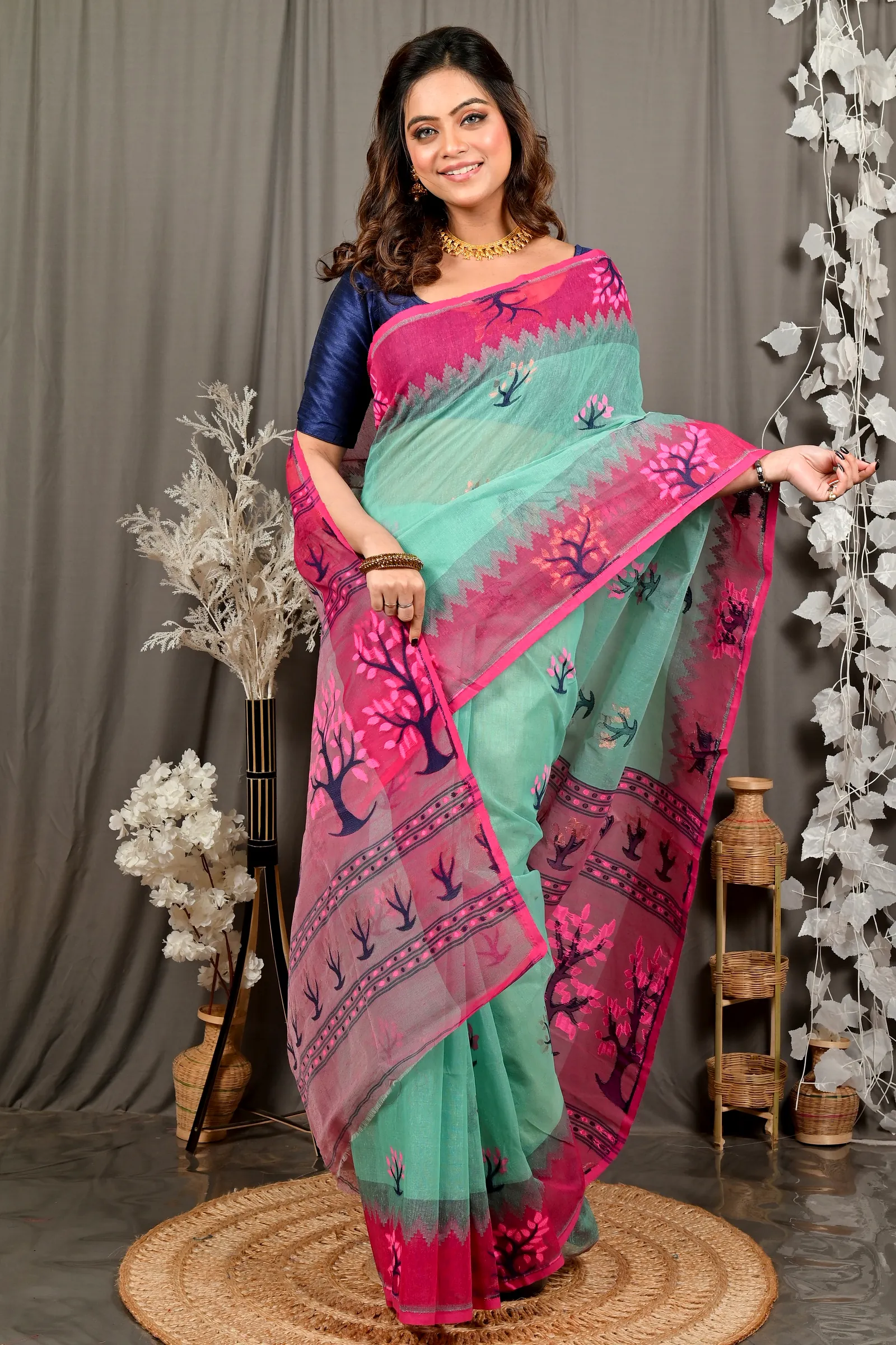 Green Purple Pure Cotton Fevai Jamdani Saree (3036)