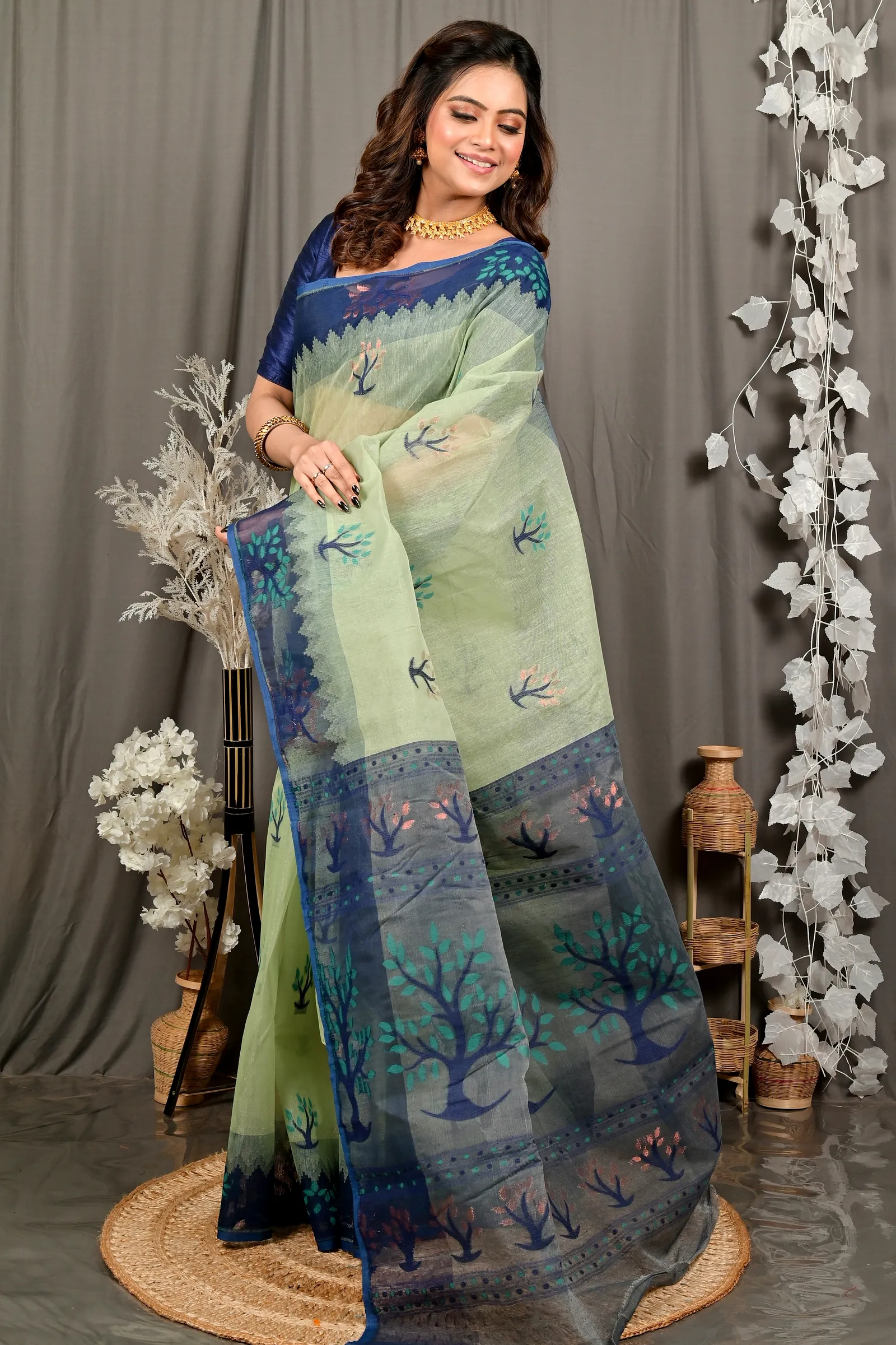 Light Green Blue Pure Cotton Fevai Jamdani Saree (3037)