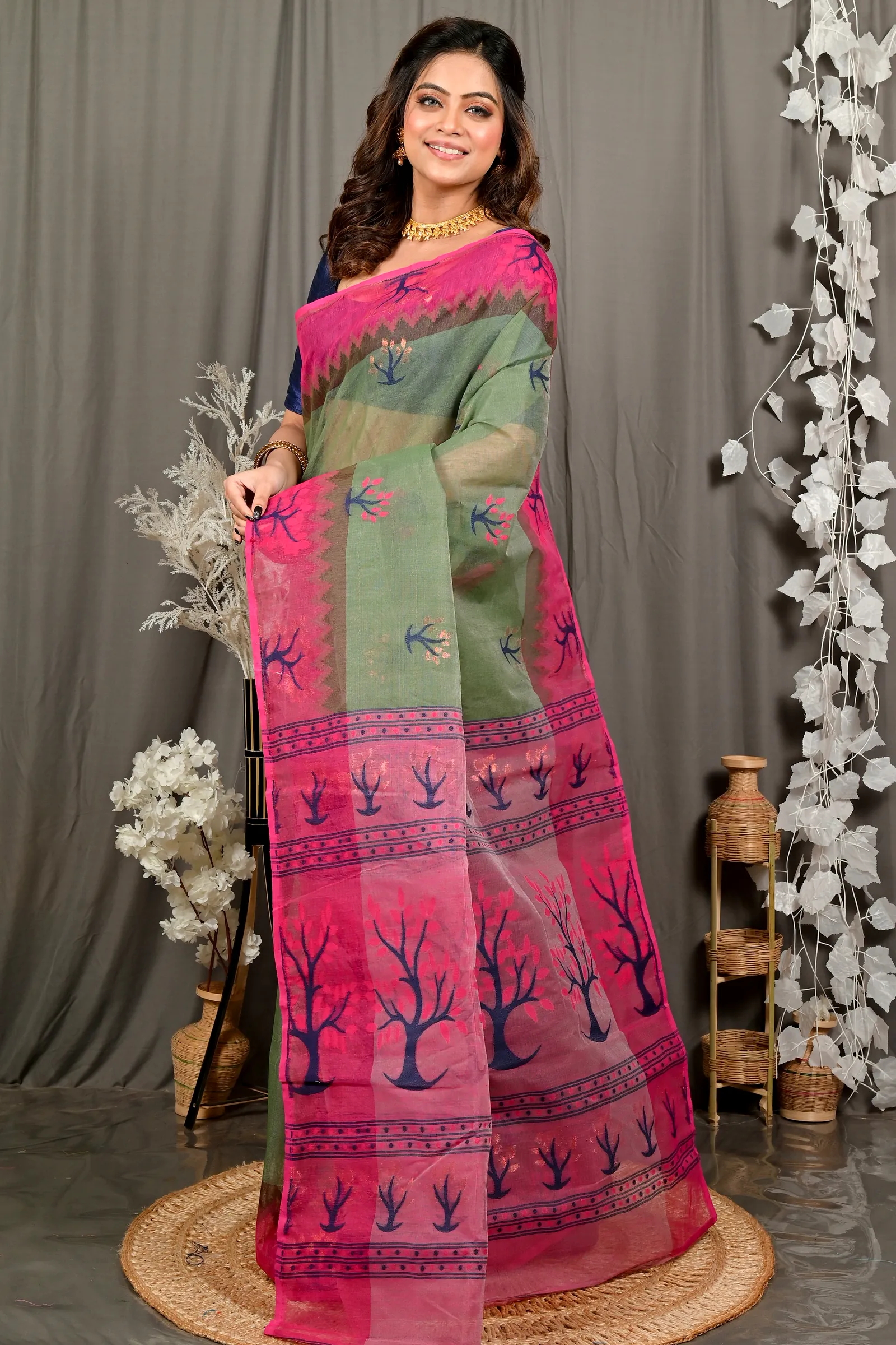 Green Pink Pure Cotton Fevai Jamdani Saree (3038)