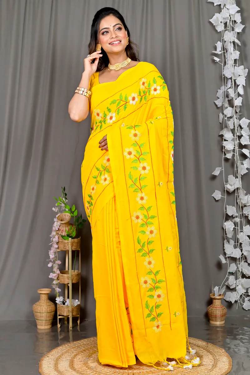 Yellow Cotton Blended Paraya Embroidery Handloom saree (304)
