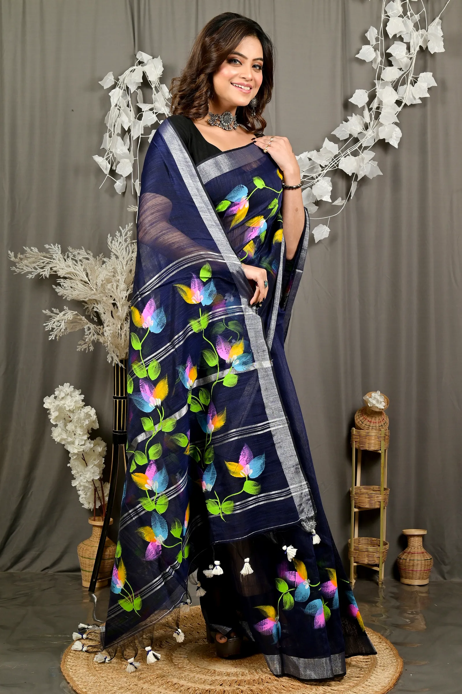 Blue Blended Cotton Finesi Hand Painted Saree (3046)
