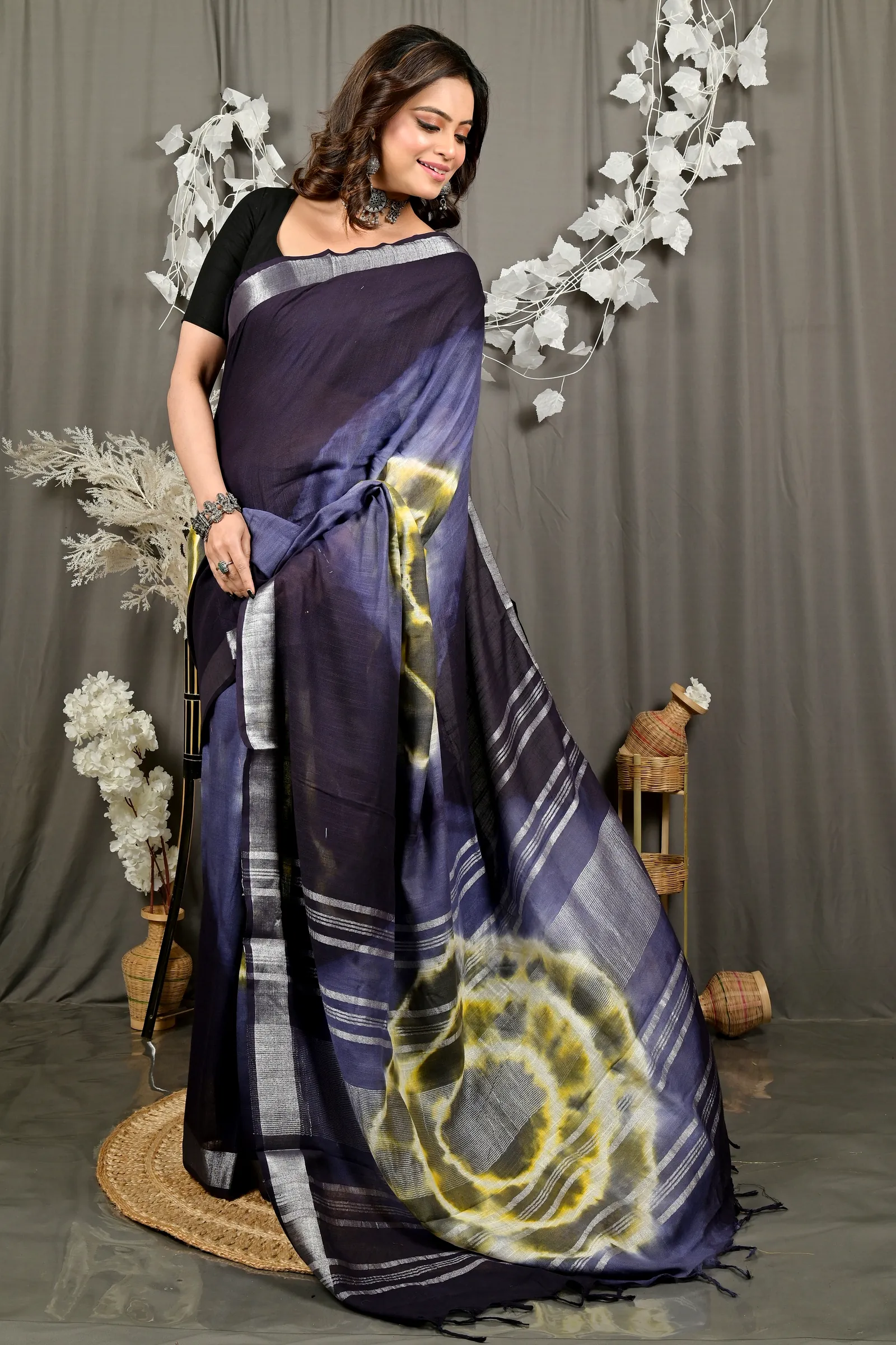 Night Blue Pure Cotton Finui Hand Loom Saree (3049)