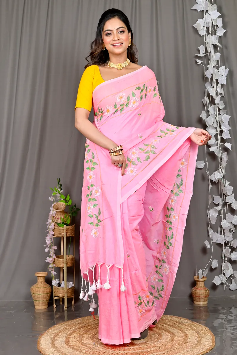Pink Cotton Blended Paraya Embroidery Handloom saree (305)