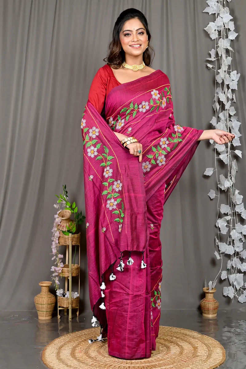 Merron Cotton Blended Paraya Embroidery Handloom saree (306)