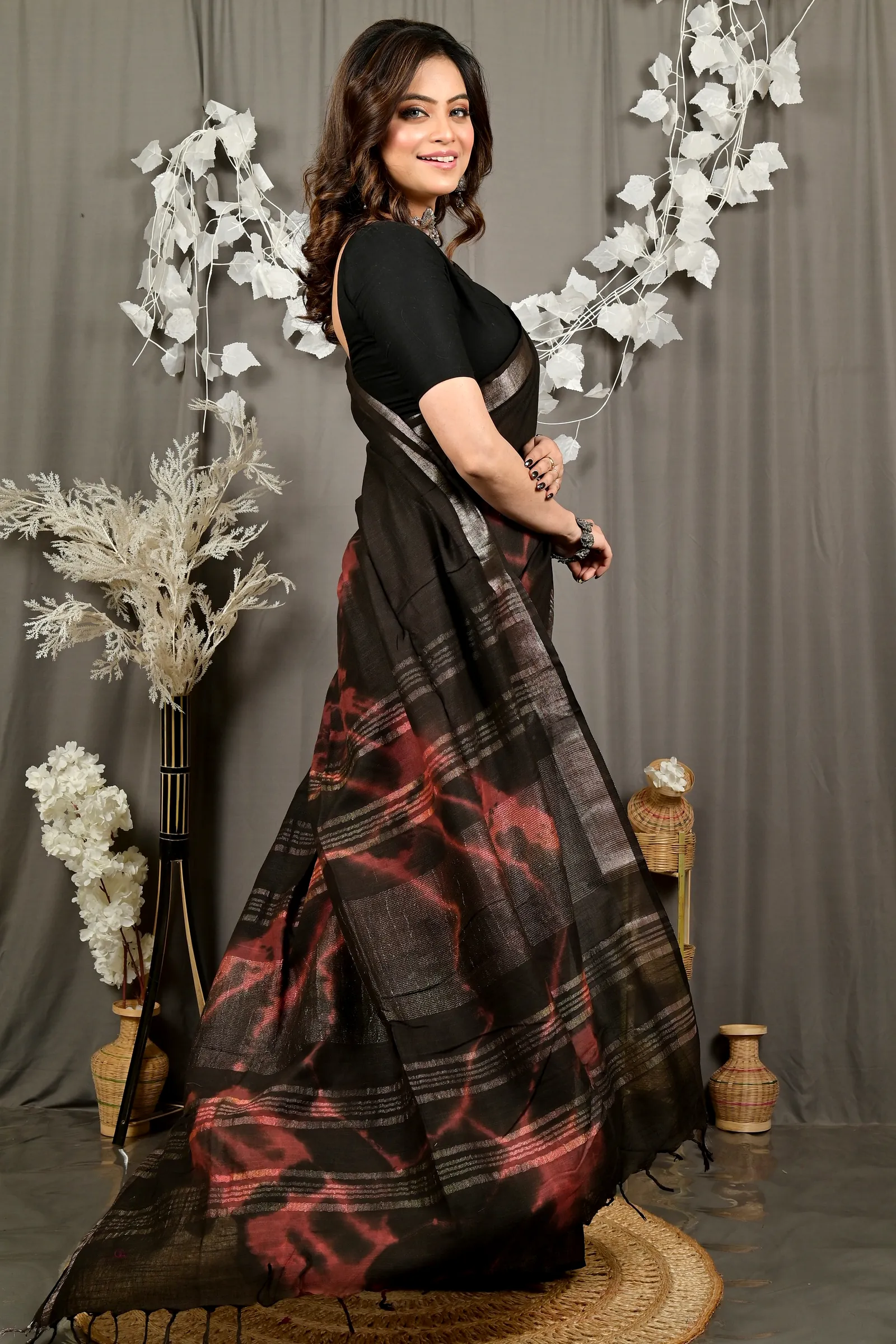 Black Pure Cotton Finui Hand Loom Saree (3063)