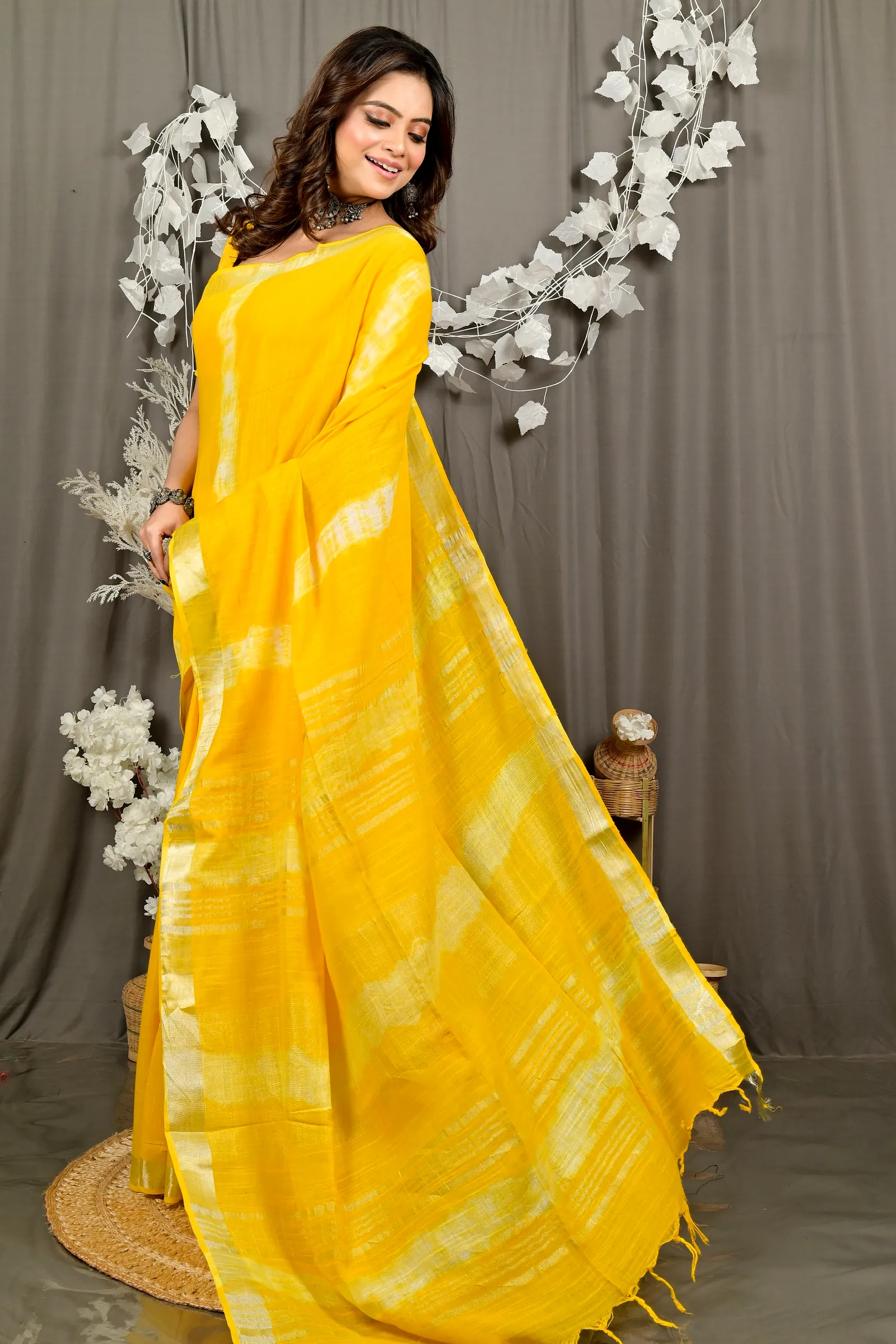 Yellow Pure Cotton Finui Hand Loom Saree (3064)