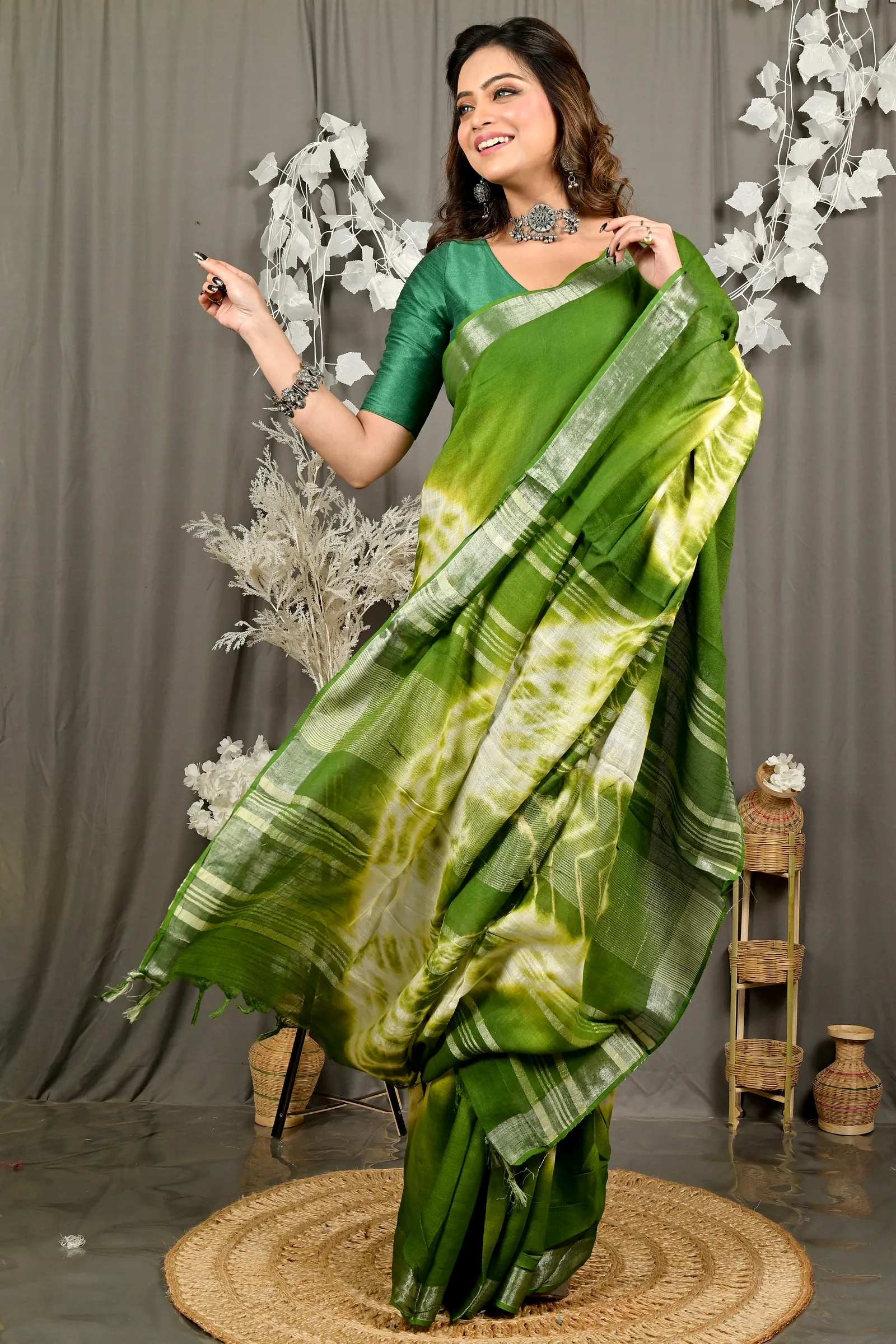 Green Pure Cotton Finui Hand Loom Saree (3067)