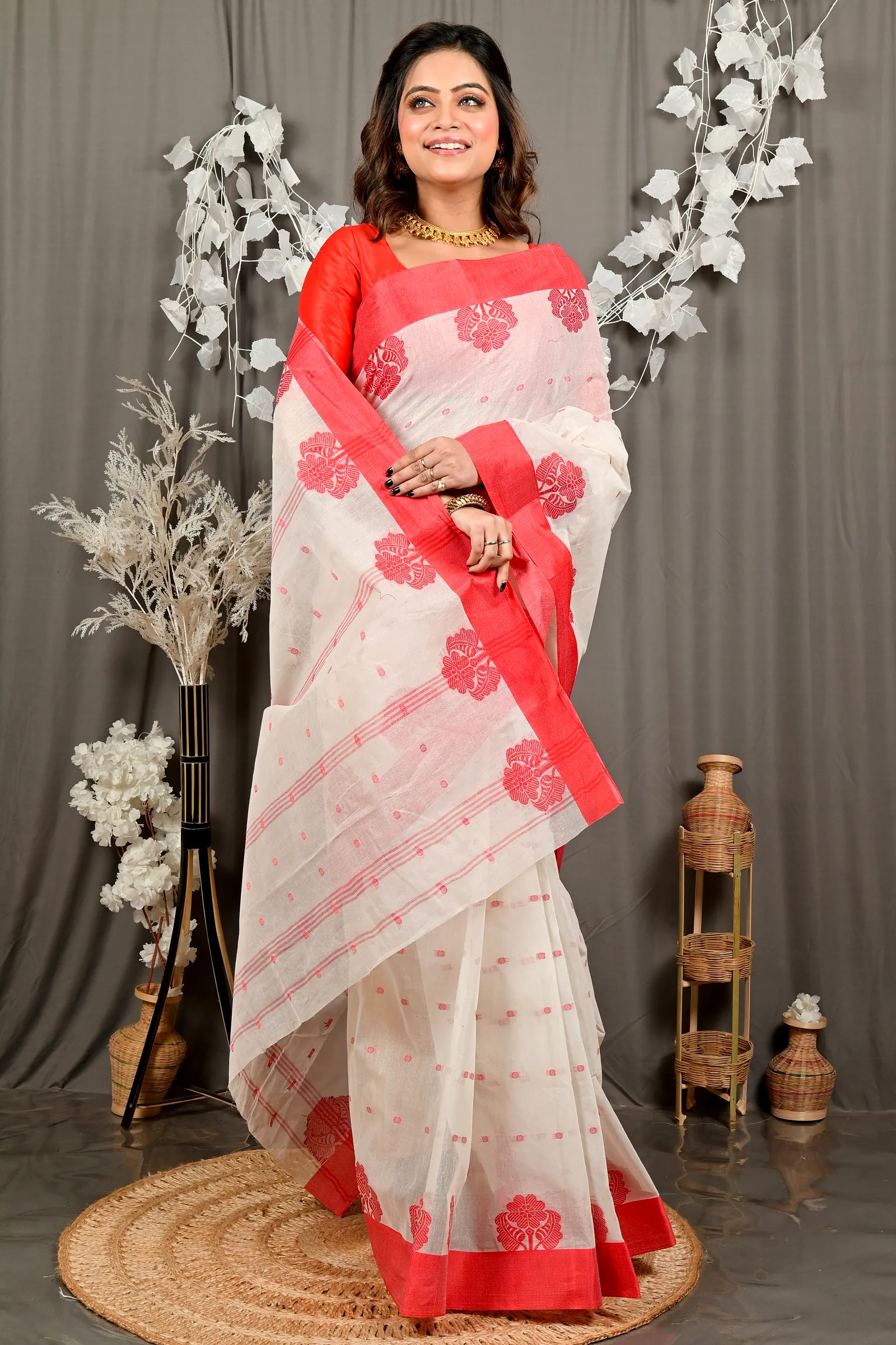 White Red Pure Cotton Fipani Tant Saree (3070)