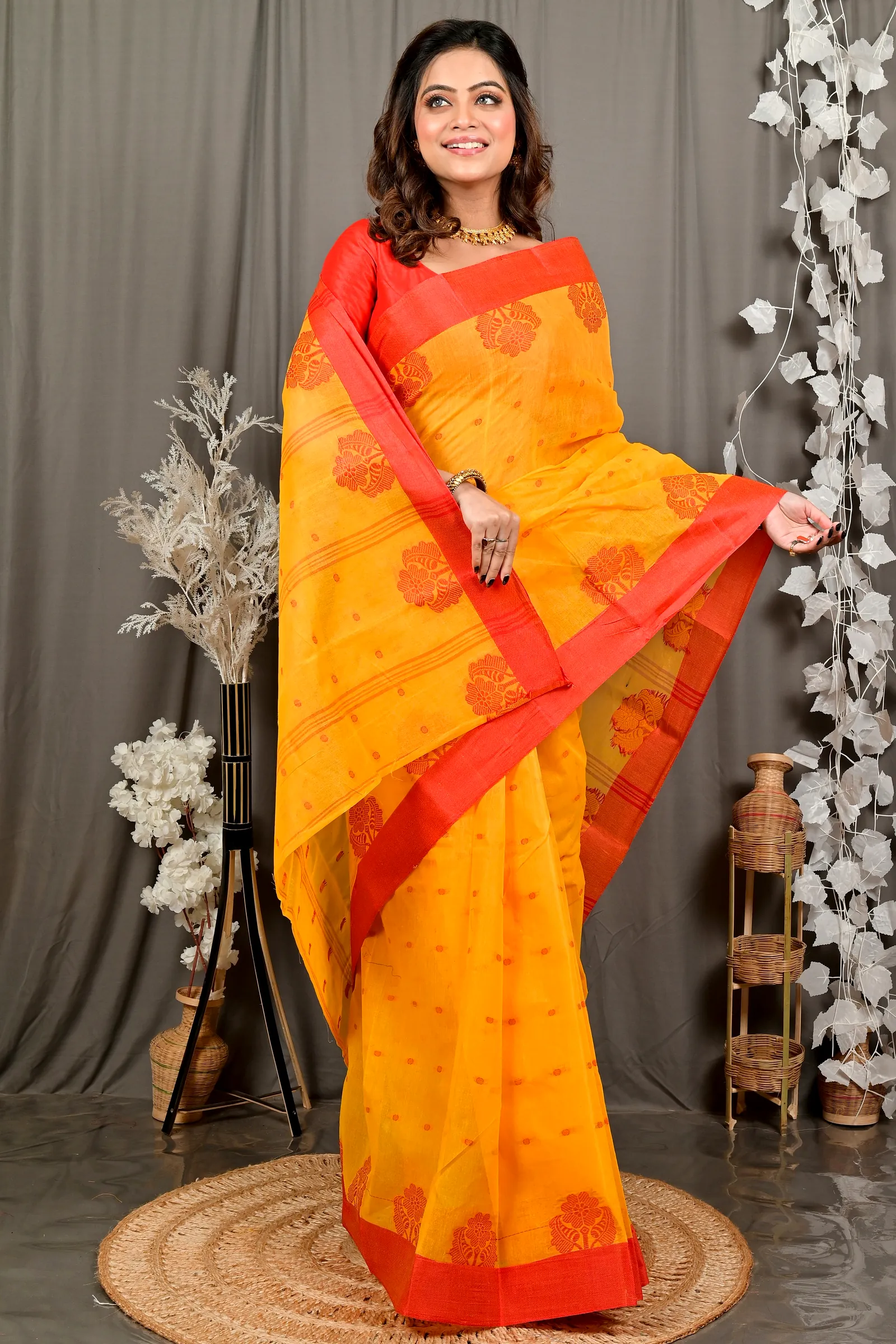 Yellow Red Pure Cotton Fipani Tant Saree (3071)