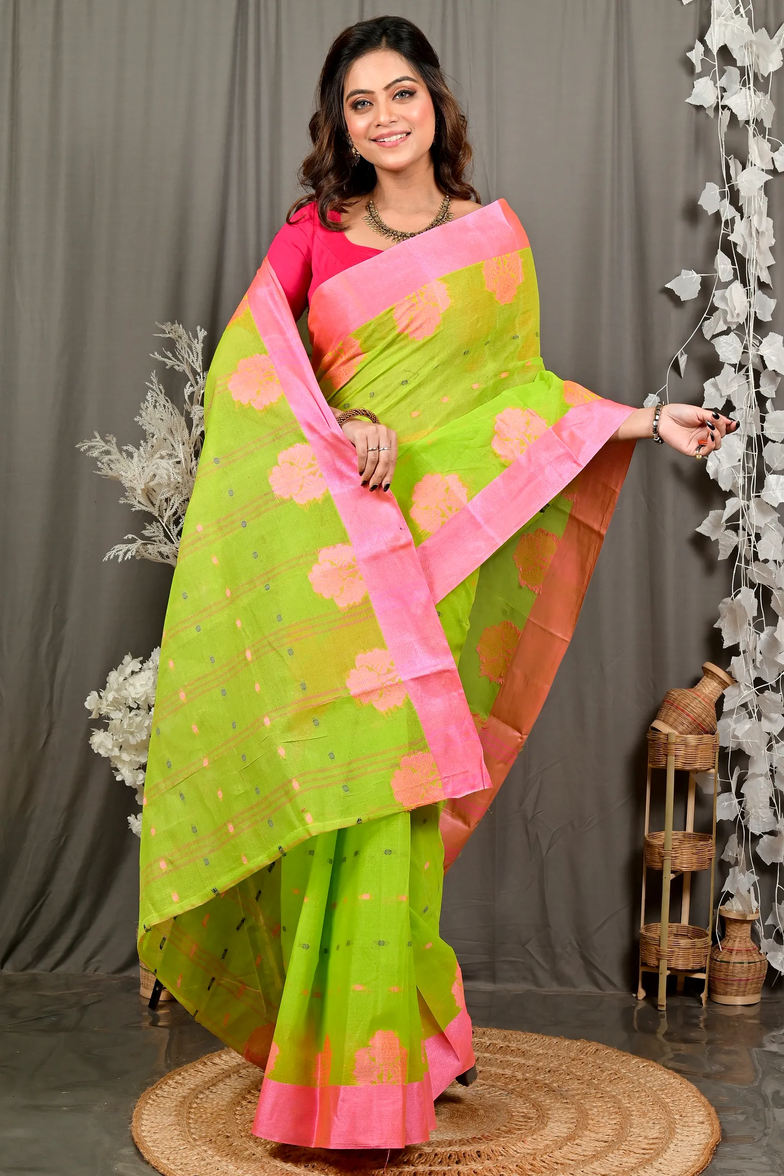 Light Green Pink Pure Cotton Fipani Tant Saree (3072)