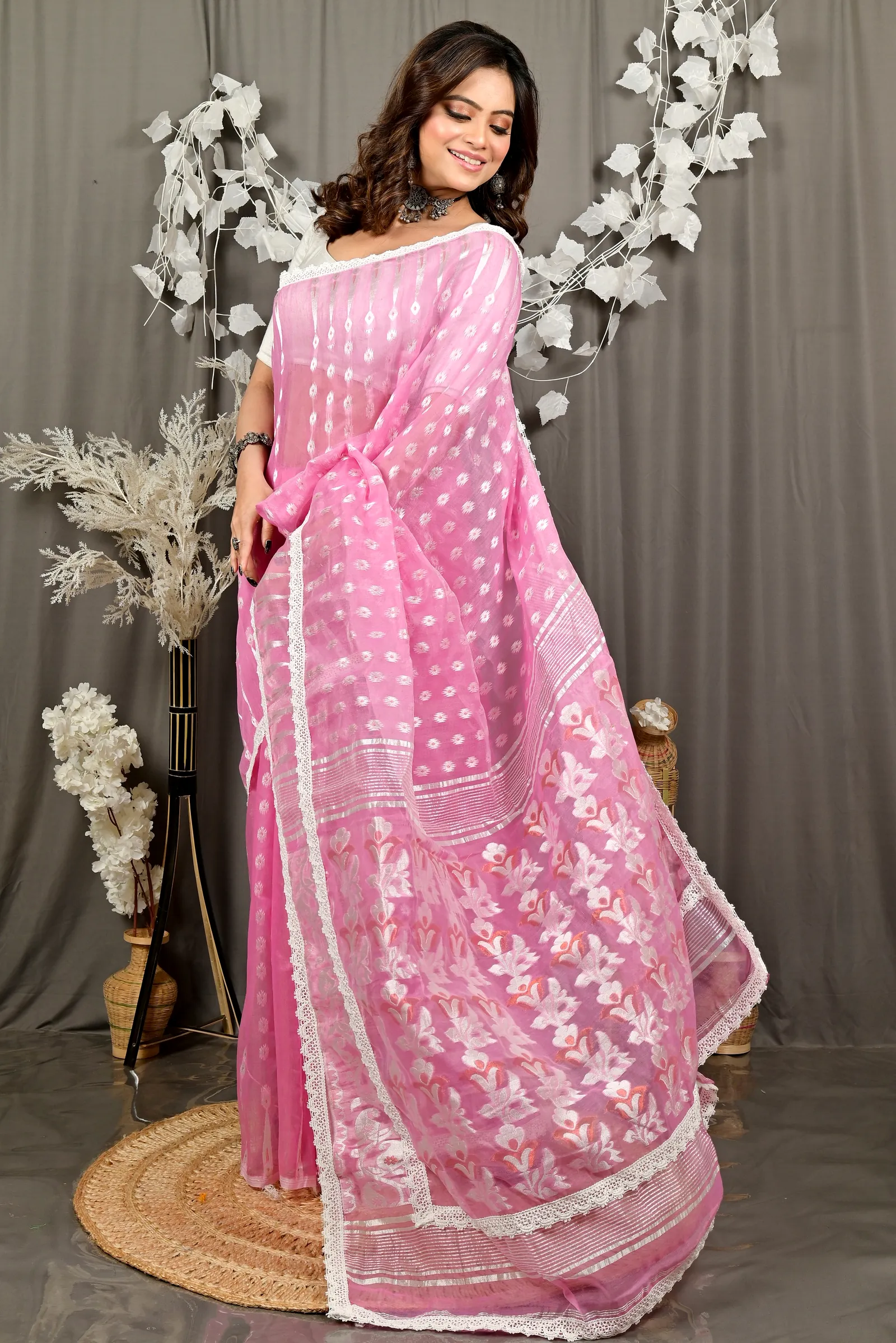 Baby Pink Blended Cotton Fipui Jamdani Saree (3075)