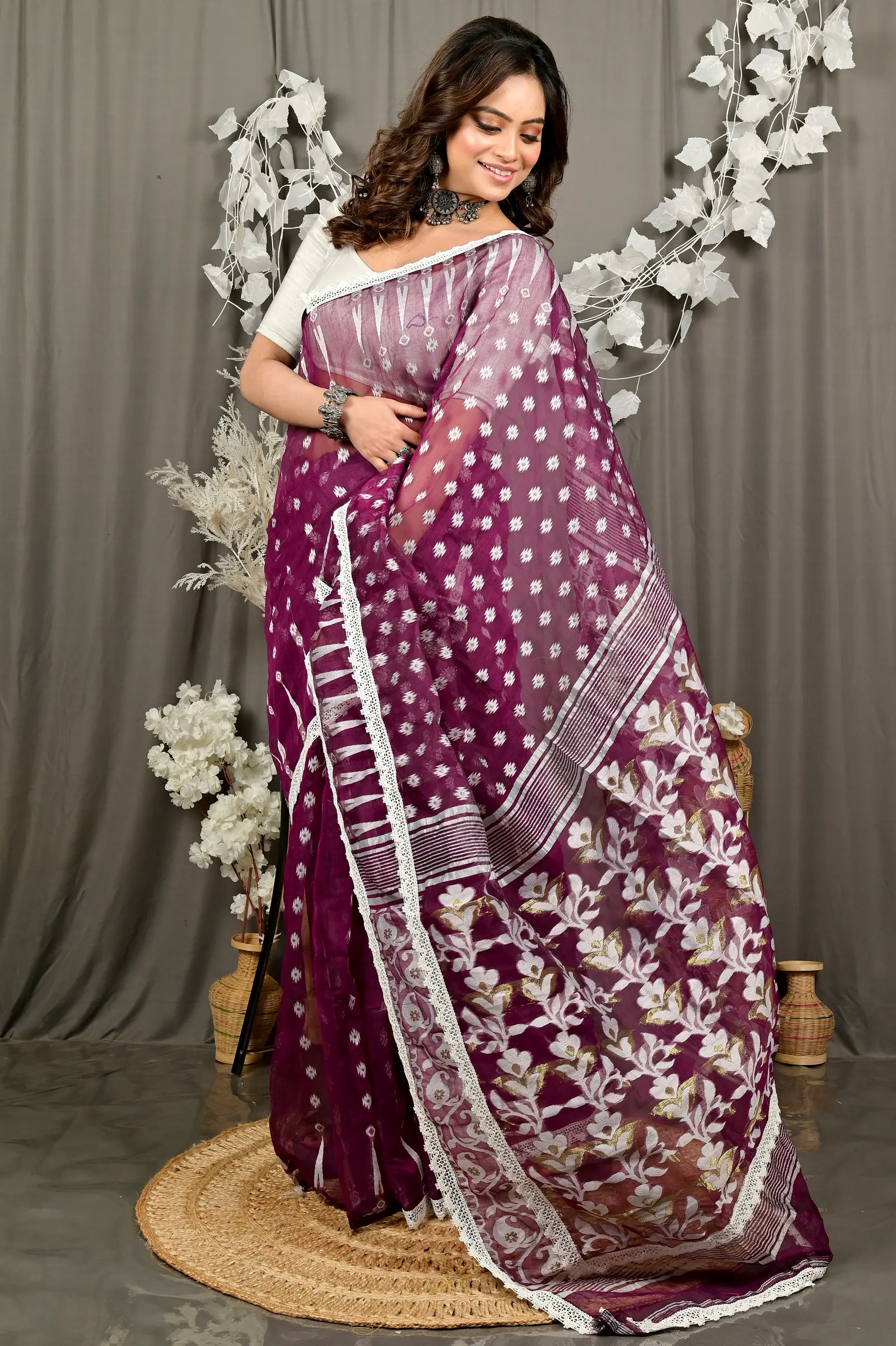 Purpel Blended Cotton Fipui Jamdani Saree (3076)