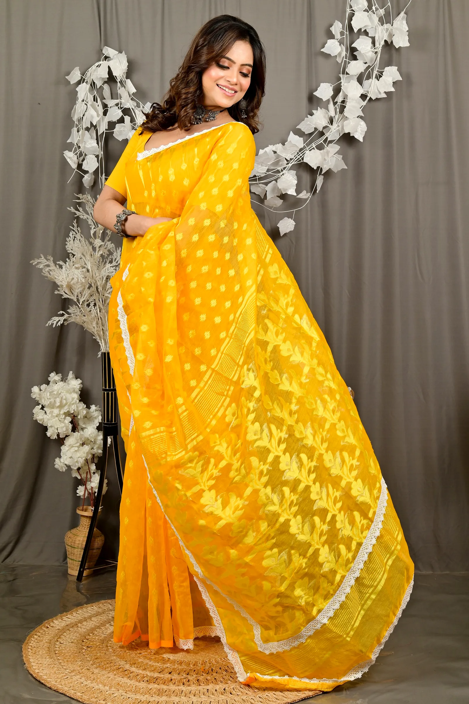 Yellow Blended Cotton Fipui Jamdani Saree (3077)