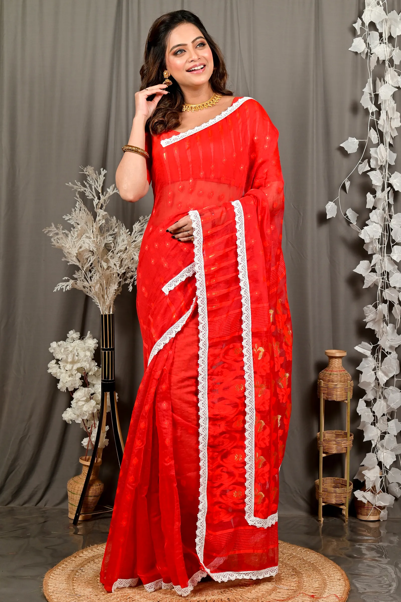 Red Blended Cotton Fipui Jamdani Saree (3079)