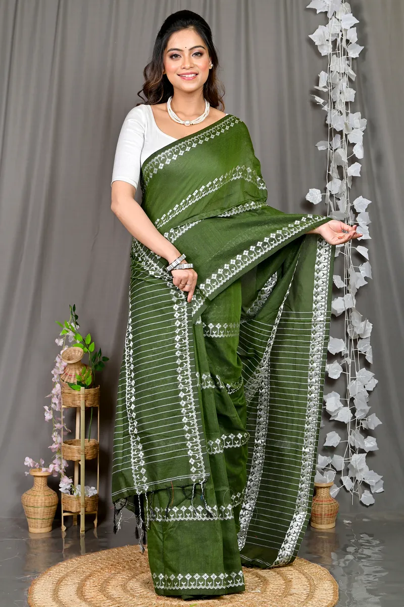 Green Cotton Blended Pareta Hand Loom Saree (308)