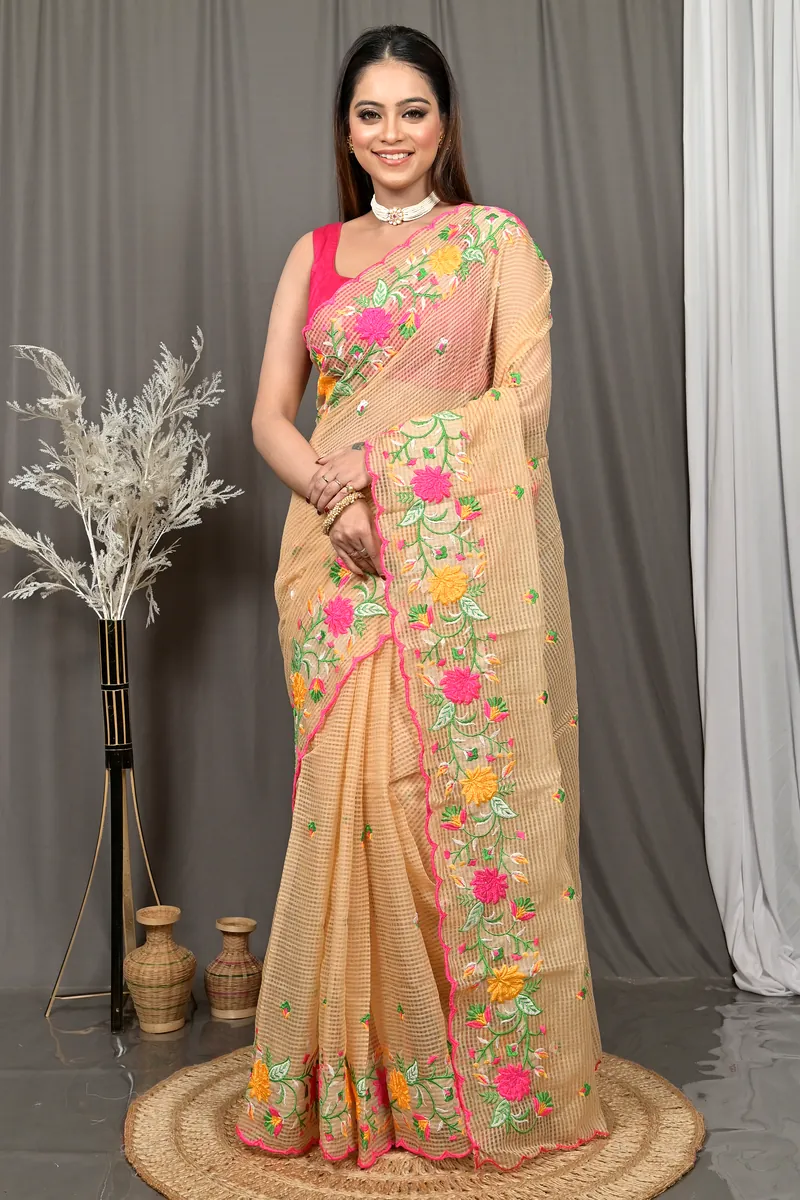 Brown Cotton Kotambo Mix Kota Embroidery Saree  (31)