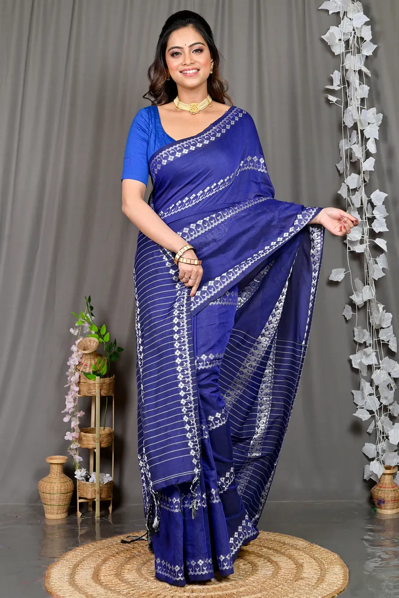 Blue Cotton Blended Pareta Hand Loom Saree (310)