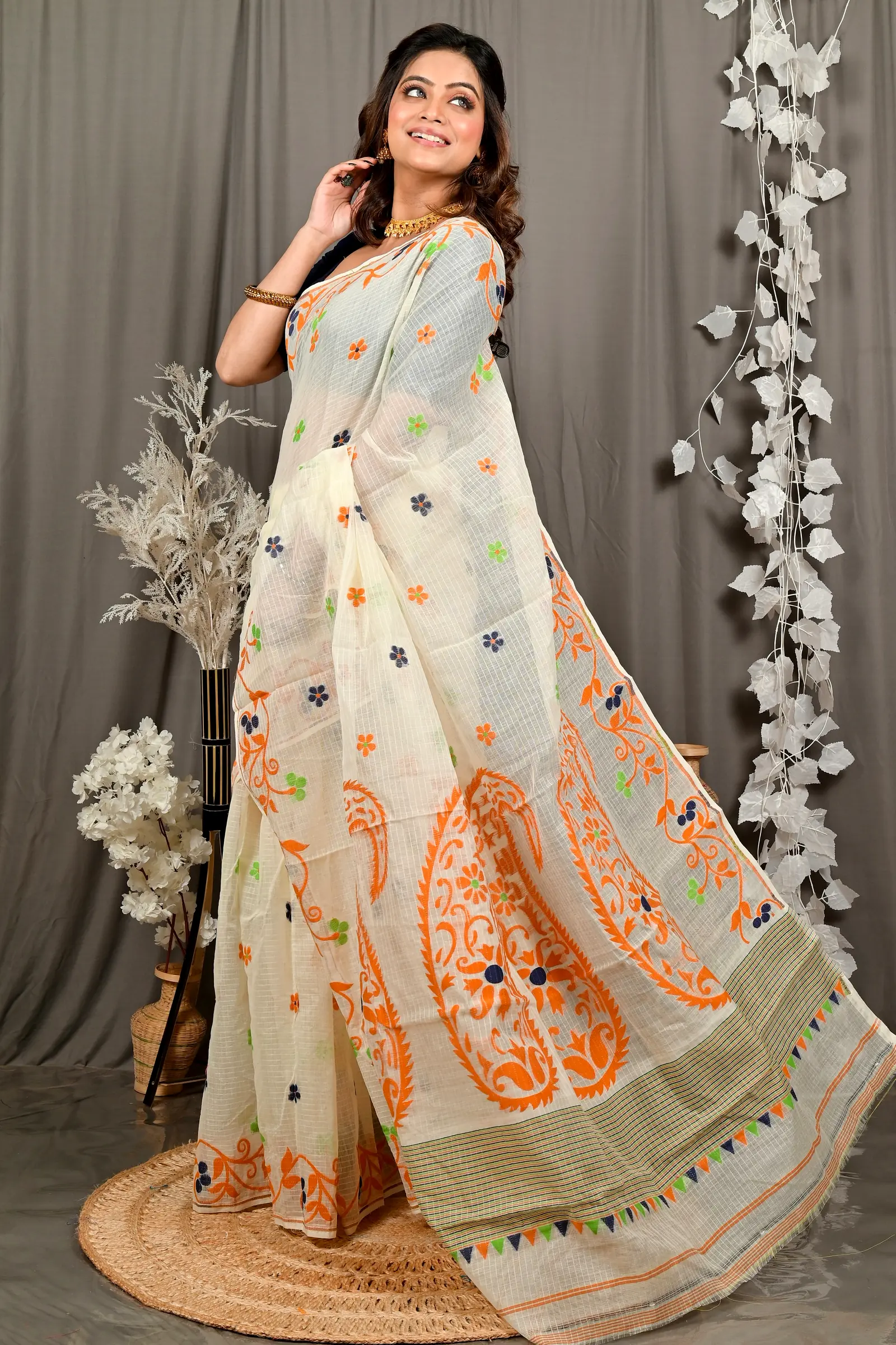 Off White Orange Cotton Fivani Jamdani Saree (3102)