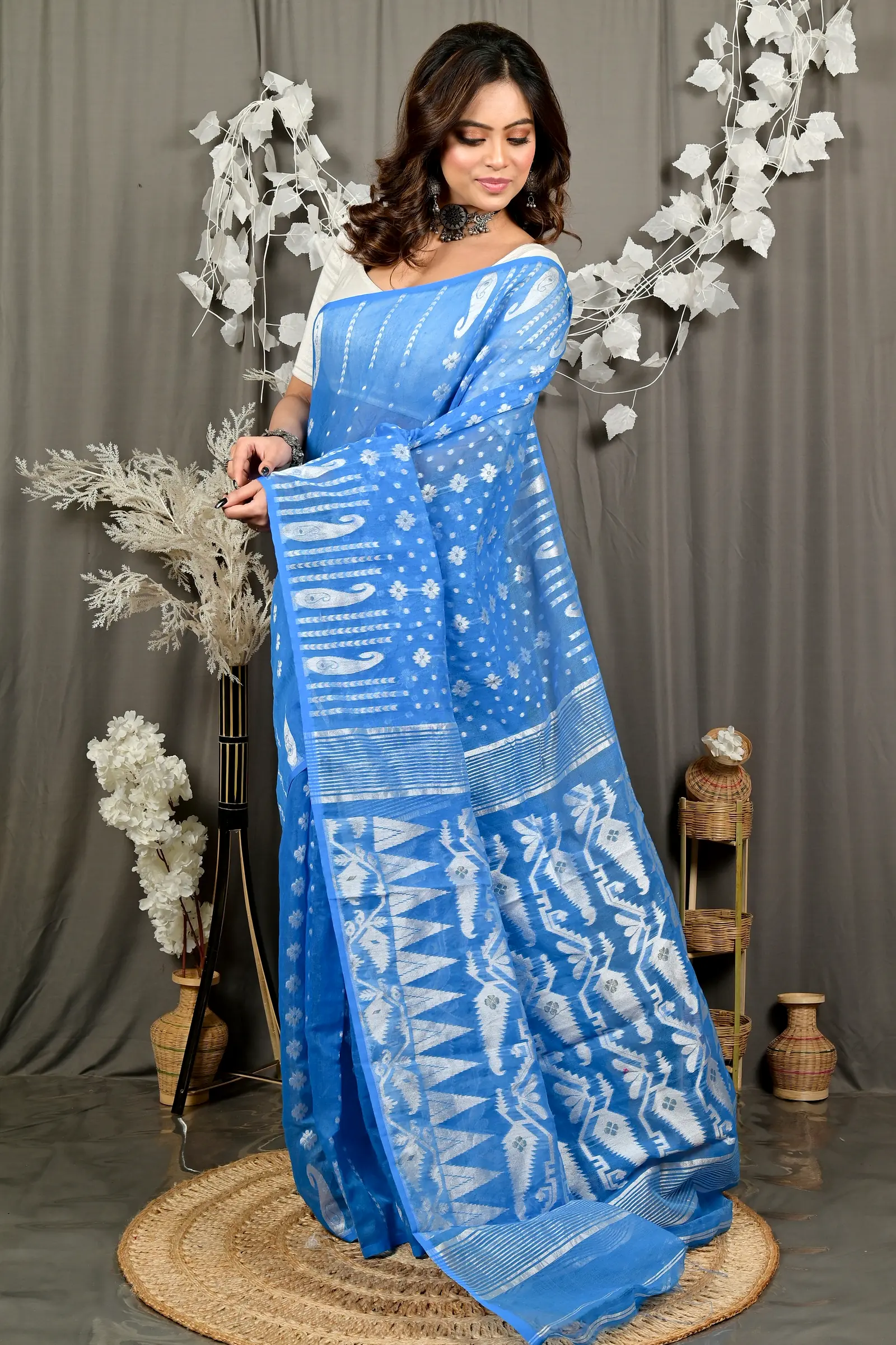 Sky Blue Cotton Folai Jamdani Saree (3106)