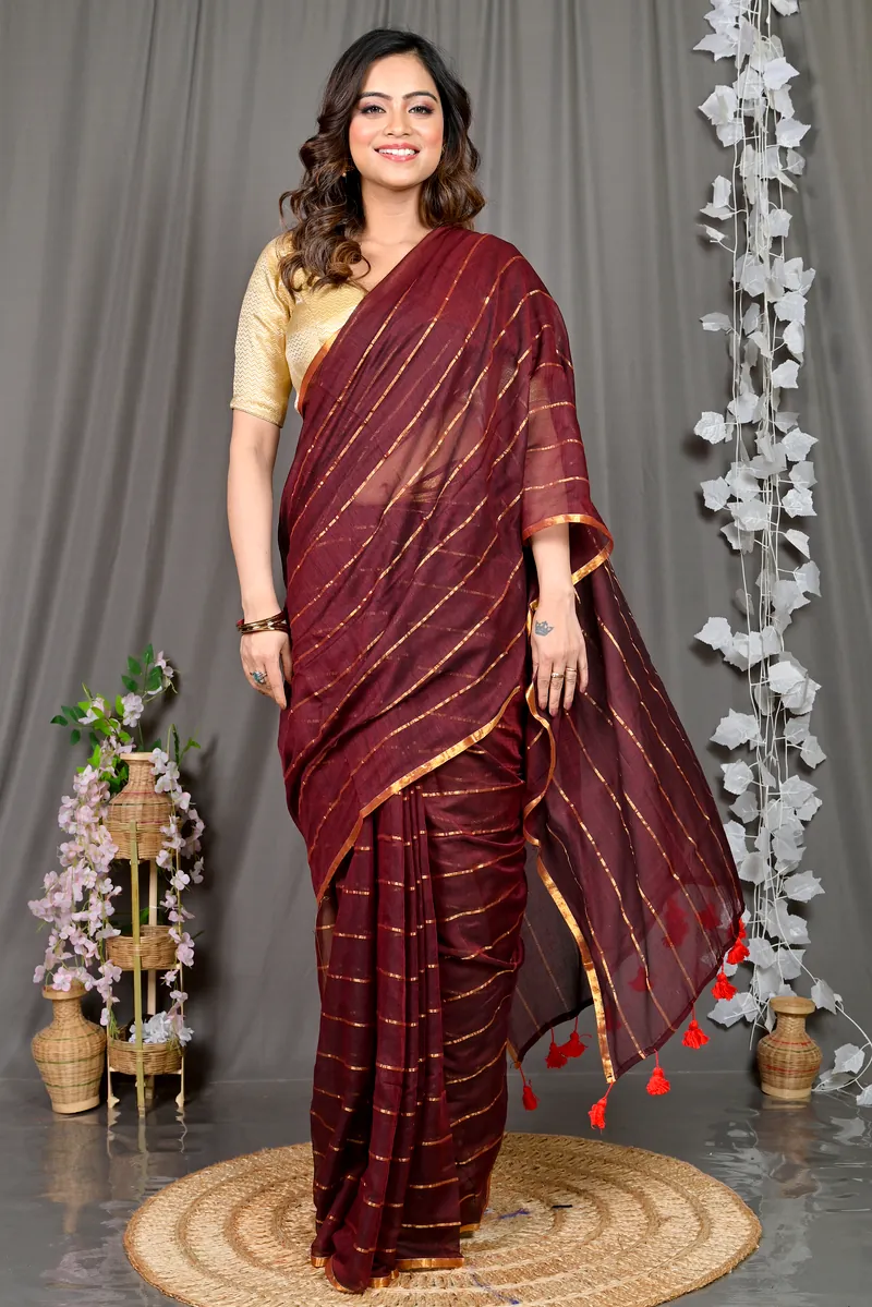 Maroon Mal Cotton Pari Hand Loom Saree (311)