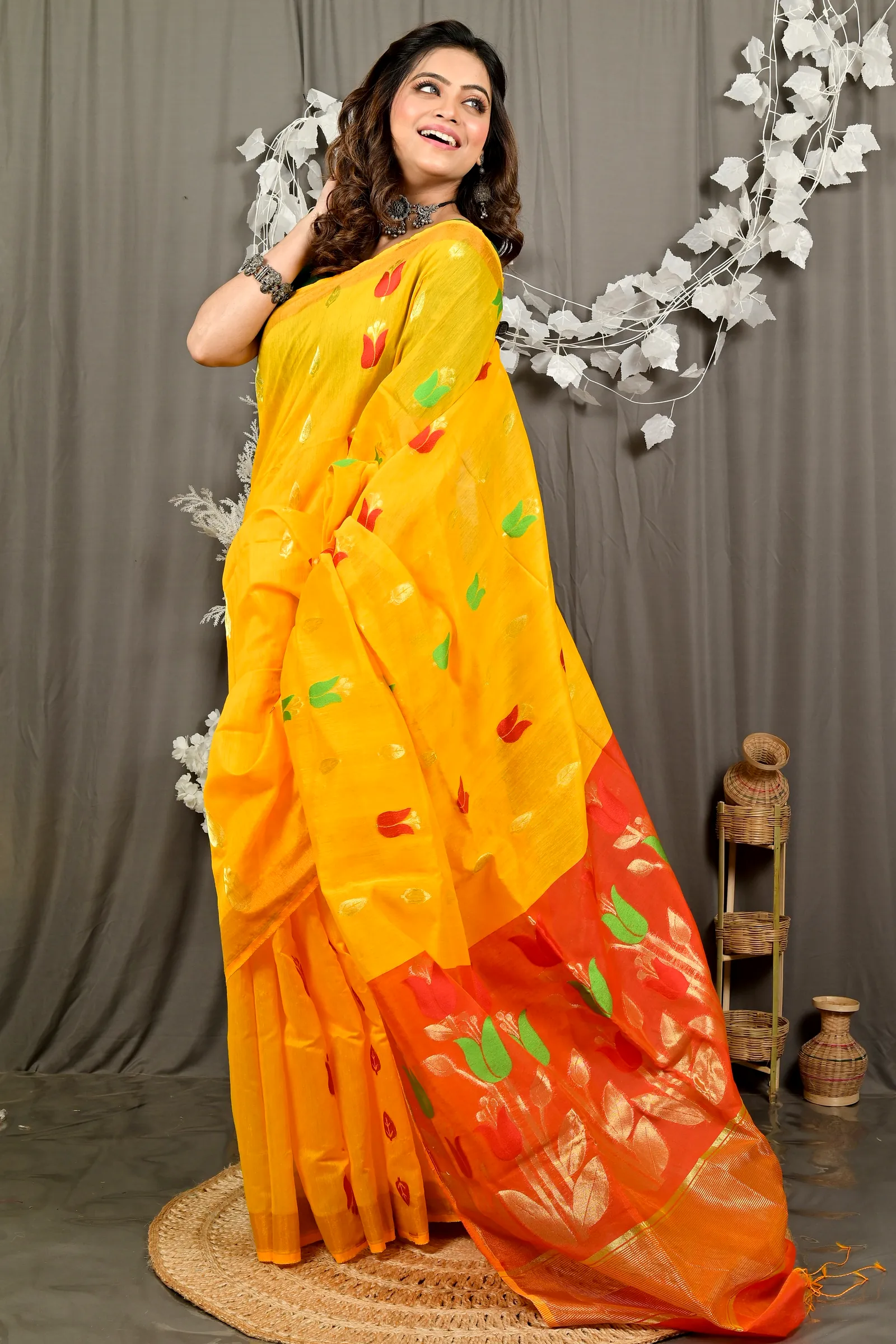 Yellow Red Blended Cotton Foyani Hand Loom Saree (3113)