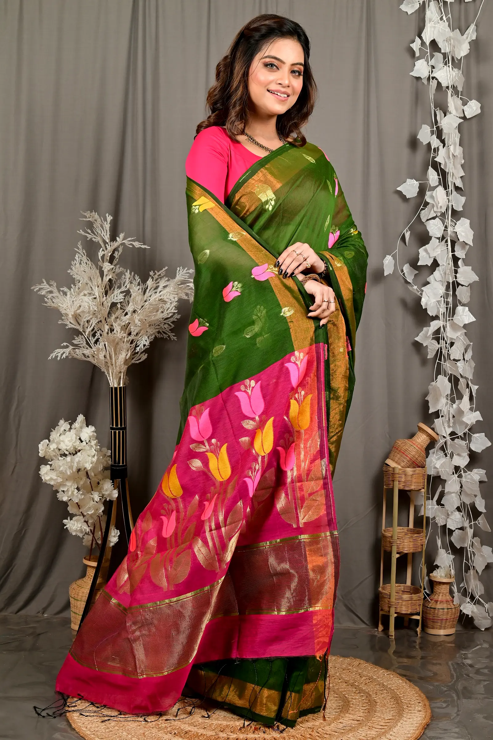 Dark Green Purpel Blended Cotton Foyani Hand Loom Saree (3115)