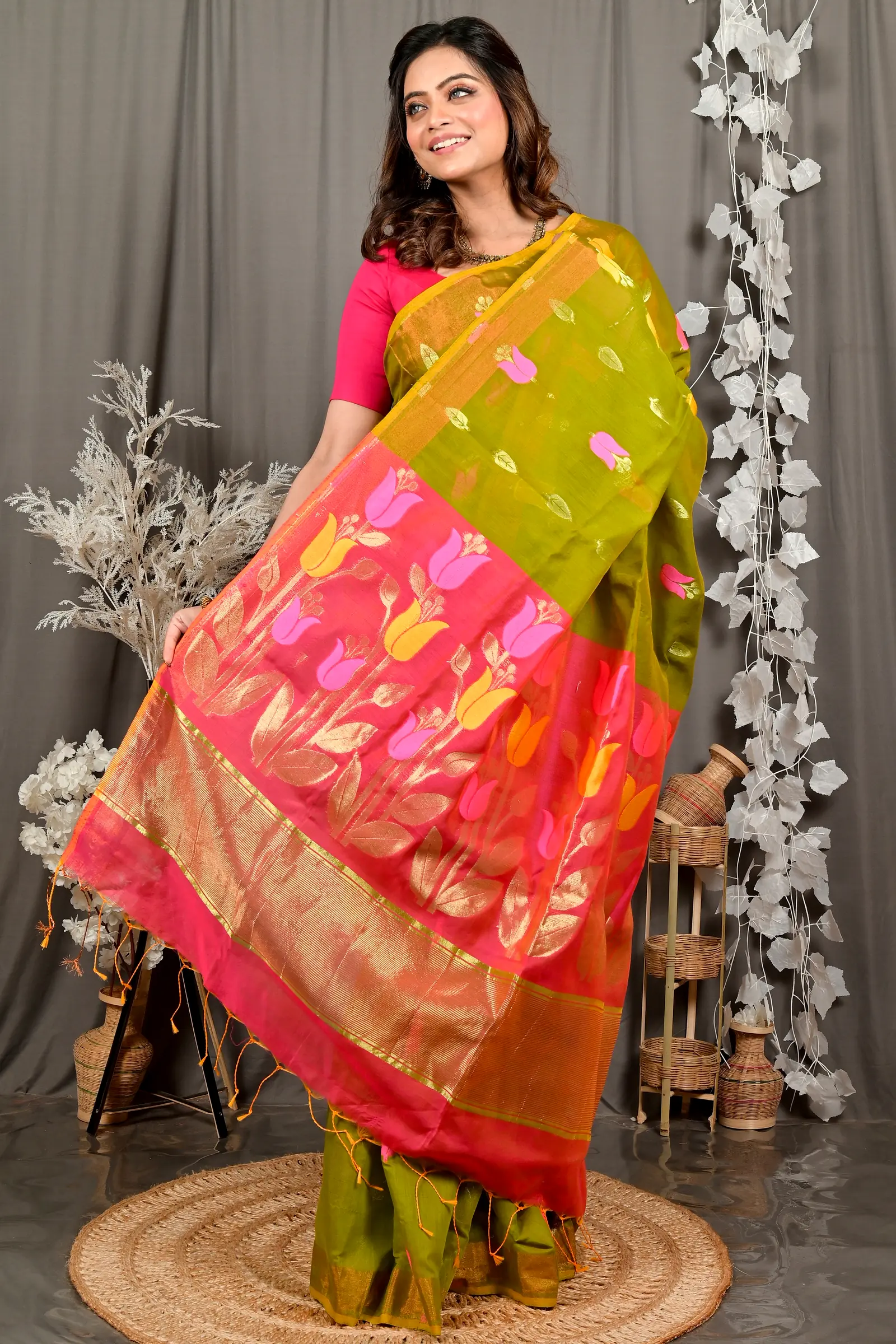 Green Pink Blended Cotton Foyani Hand Loom Saree (3117)