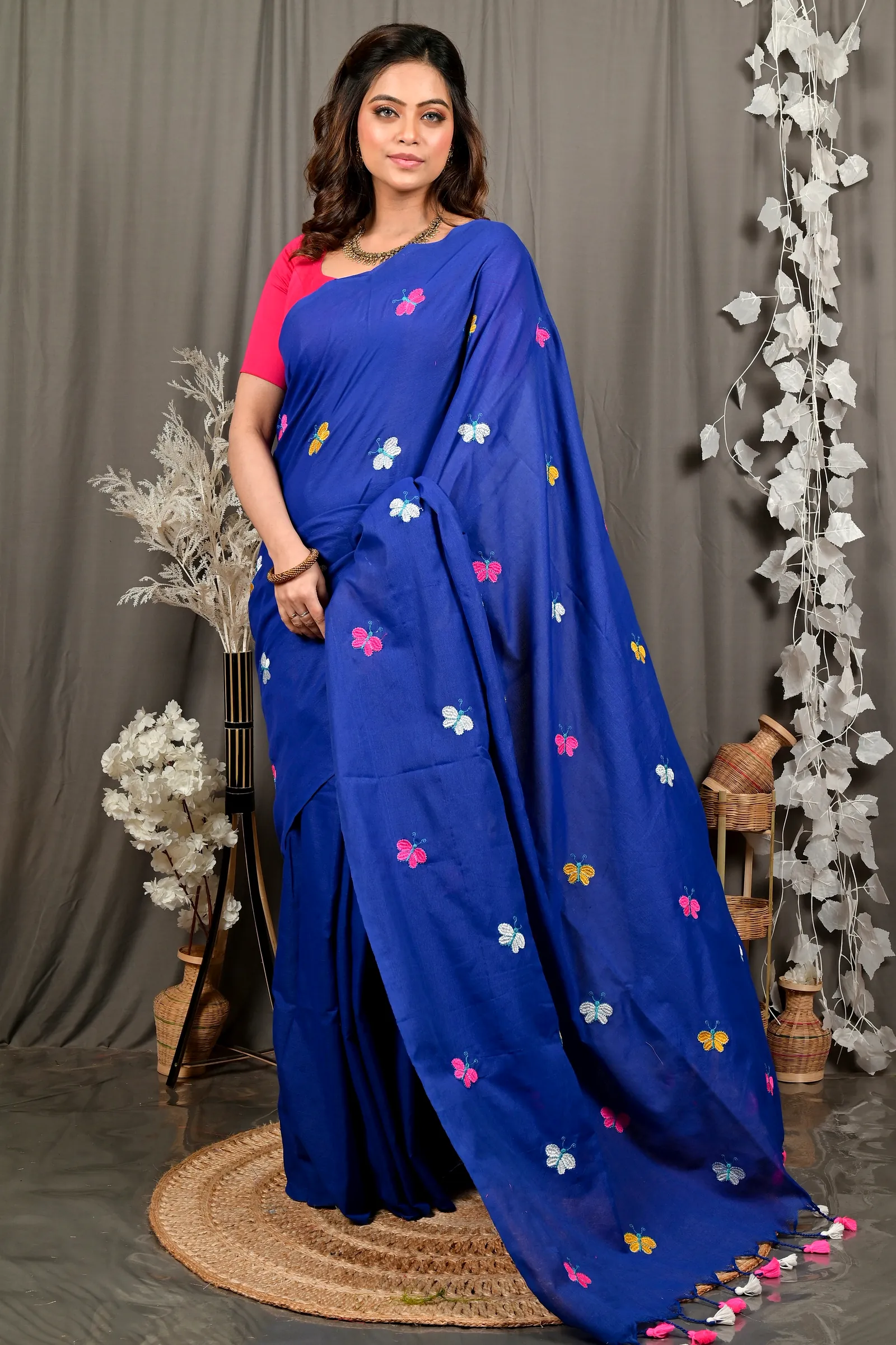 Naby Blue Blended Cotton Foyeli Embroidery Handloom saree (3123)
