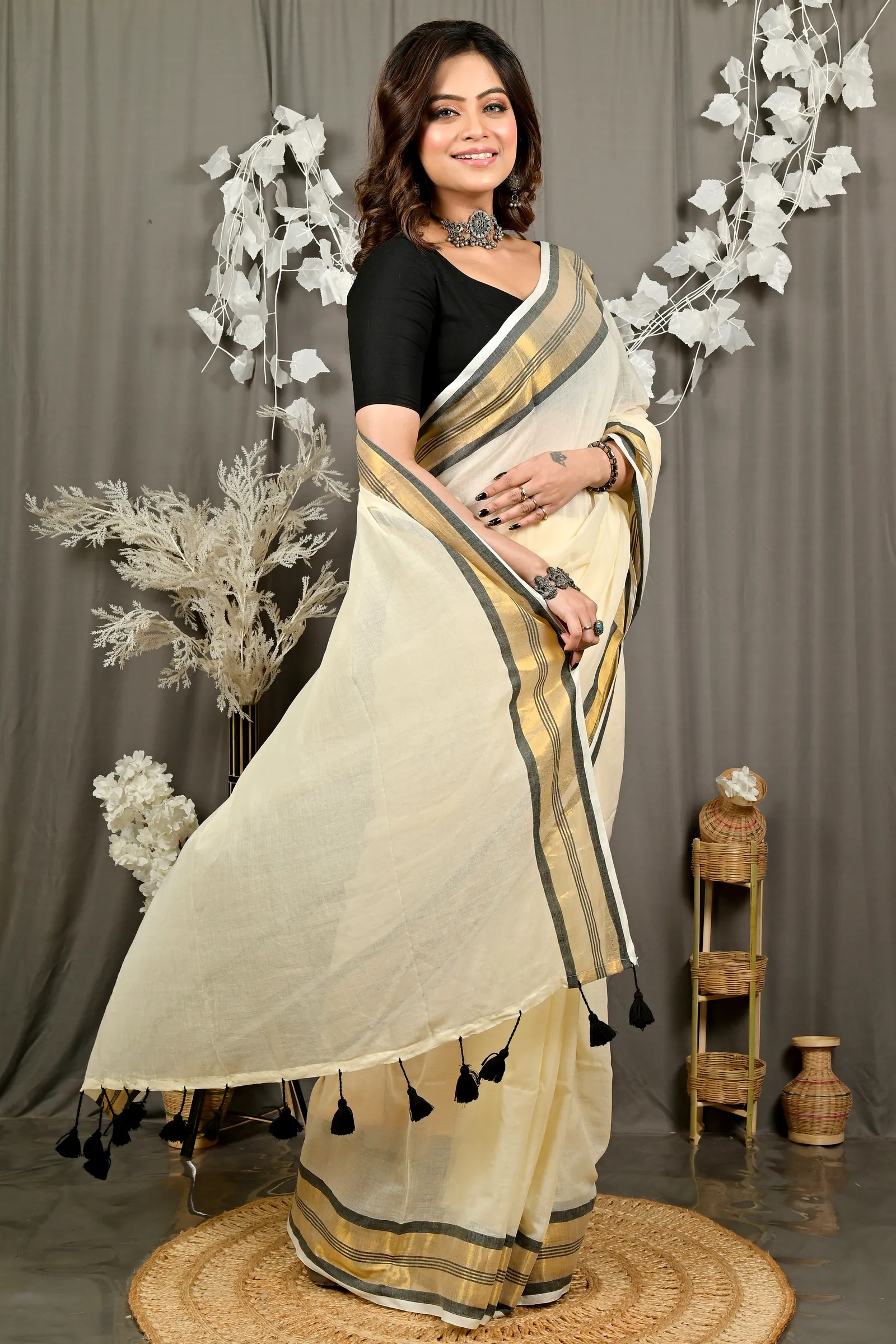 White Brown Cotton Sofeda Hand Loom Saree (3126)