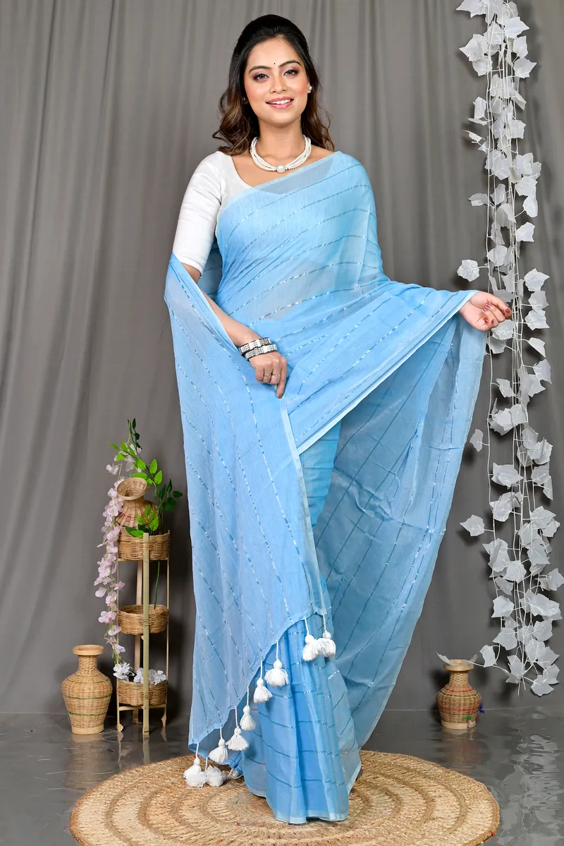 Sky Blue Mal Cotton Pari Hand Loom Saree (313)