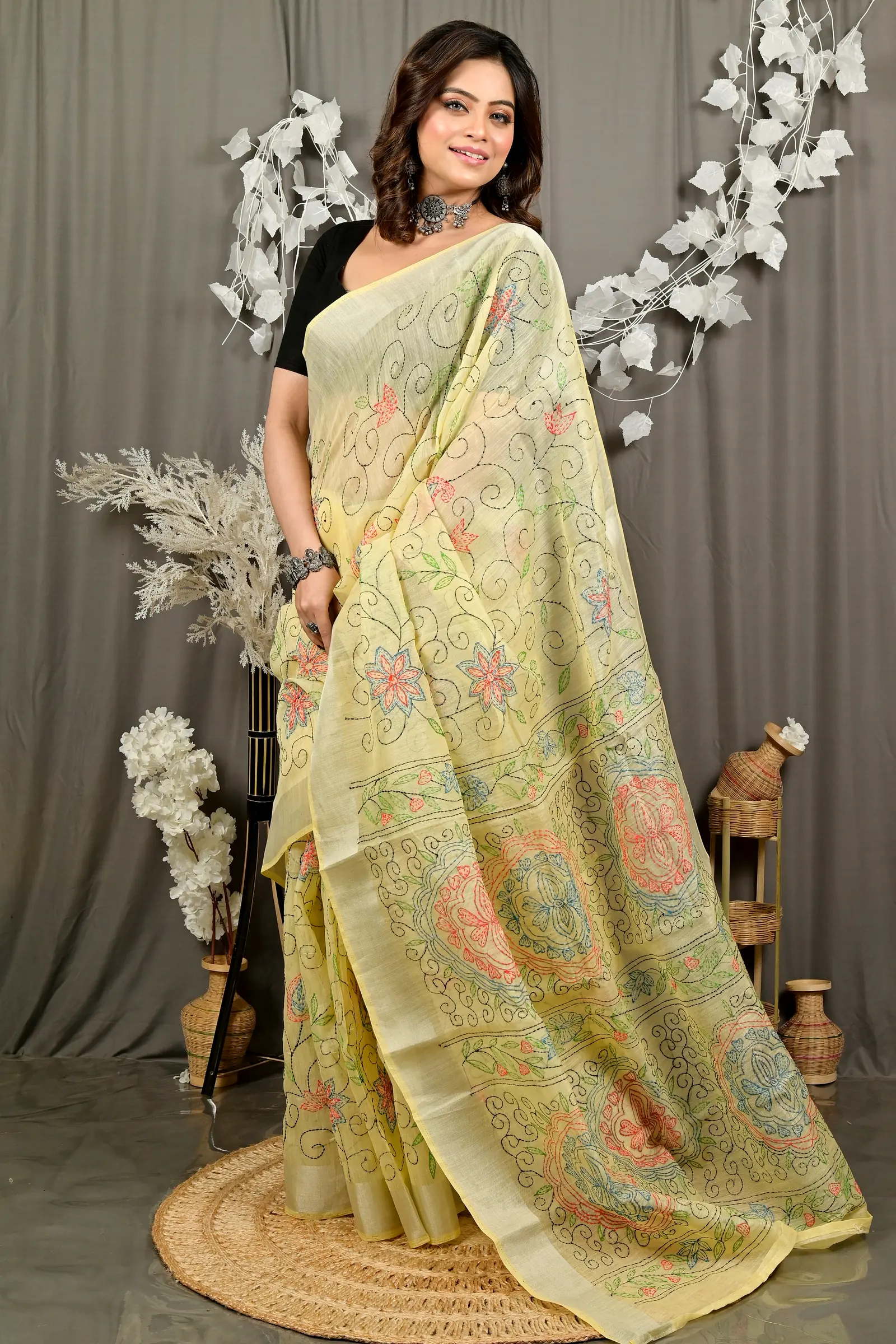 Off Whnite Cotton Varitikath Kantha Stitch Saree (3130)