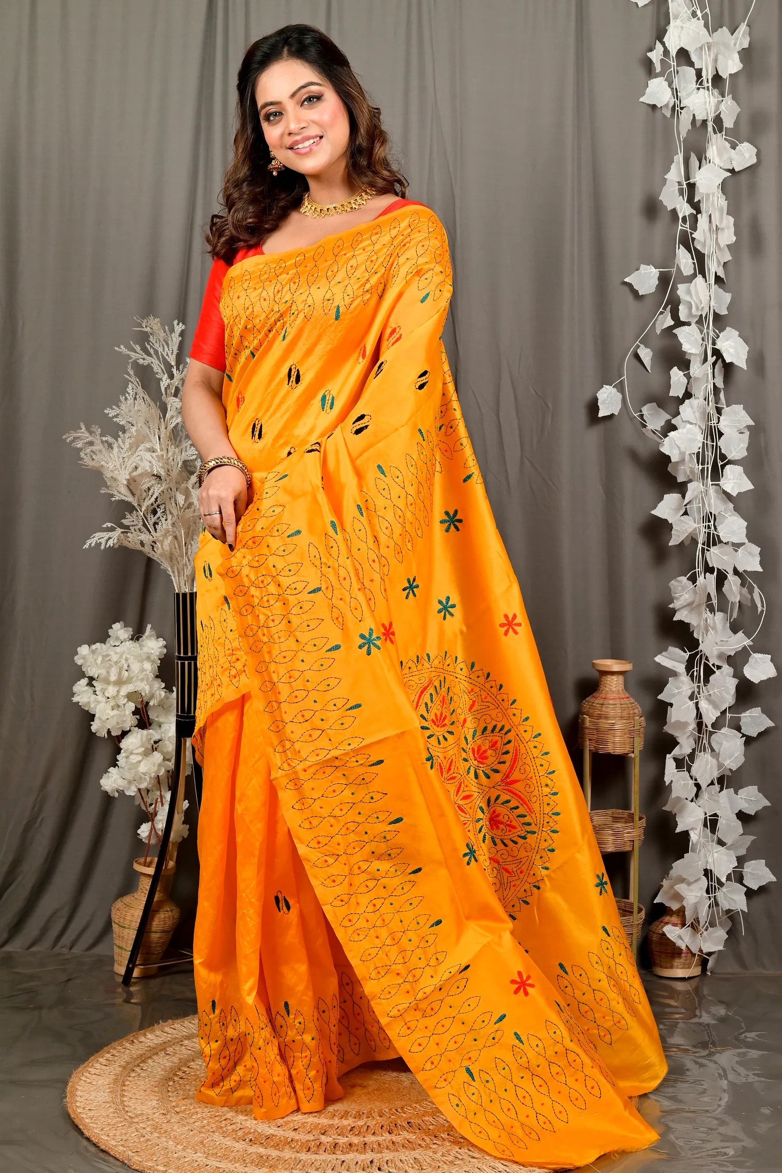Yellow Cotton Varitikath Kantha Stitch Saree (3133)