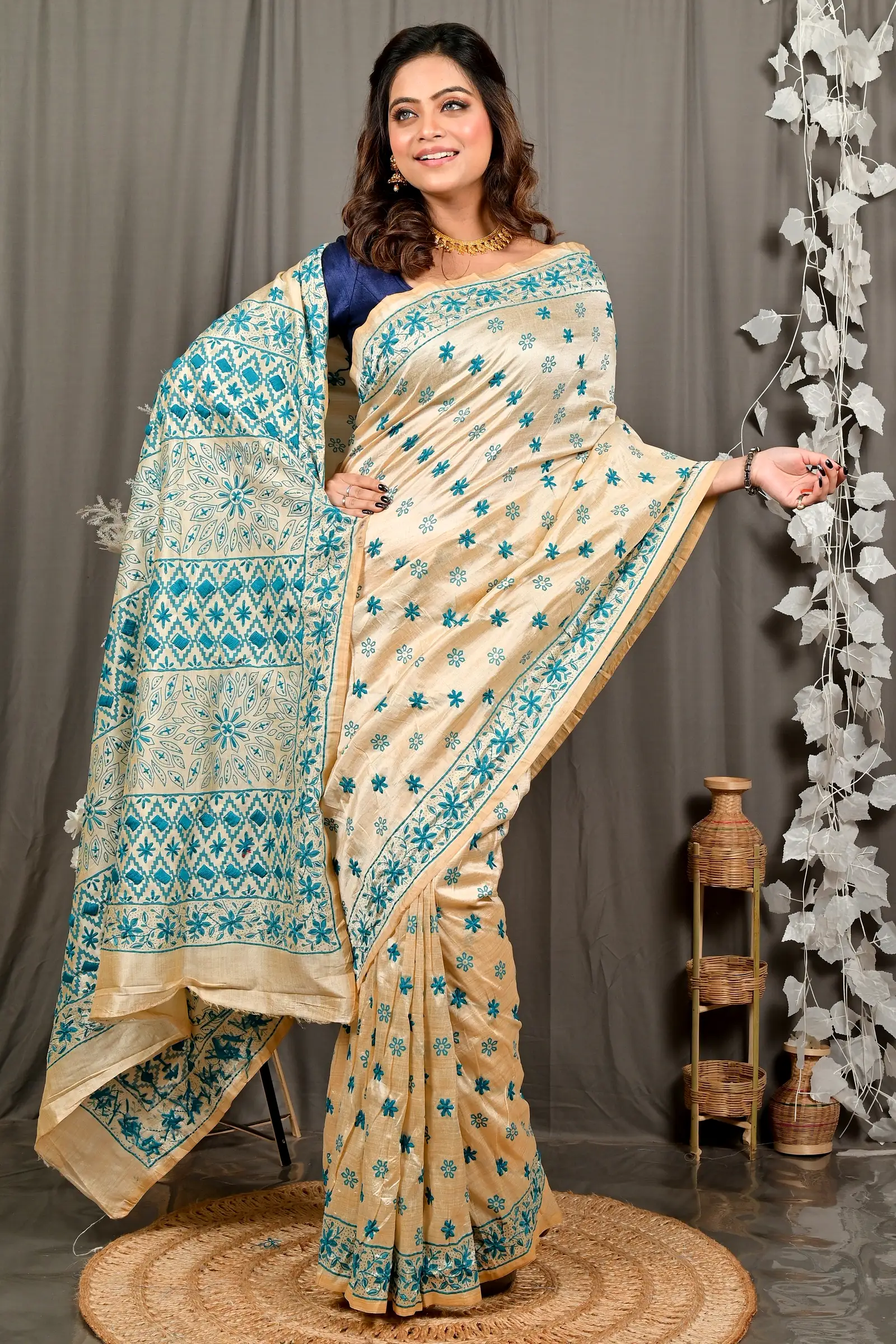 Off White Green Cotton Varitikath Kantha Stitch Saree (3134)