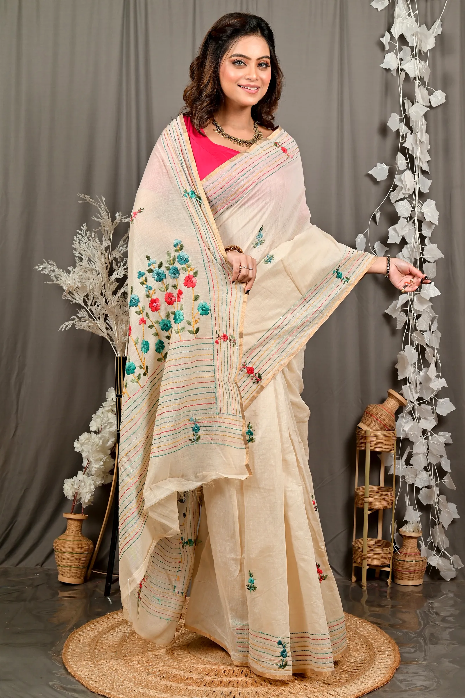 Cream Cotton Varitikath Kantha Stitch Saree (3136)