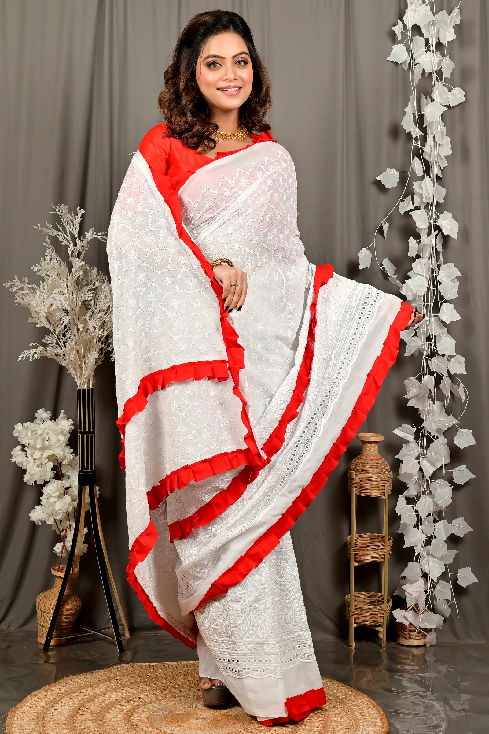 White Red Pure Cotton Borma Hand Loom Saree (3138)