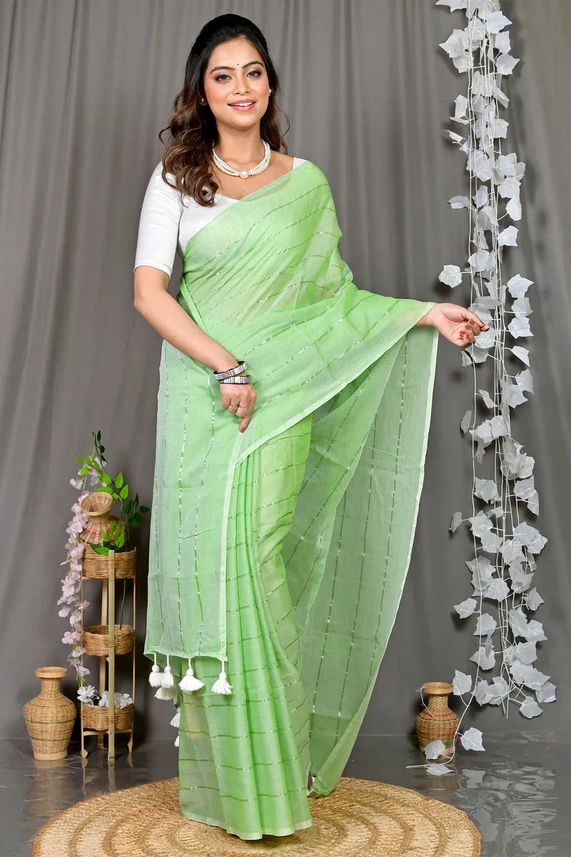 Light Green Mal Cotton Pari Hand Loom Saree (314)