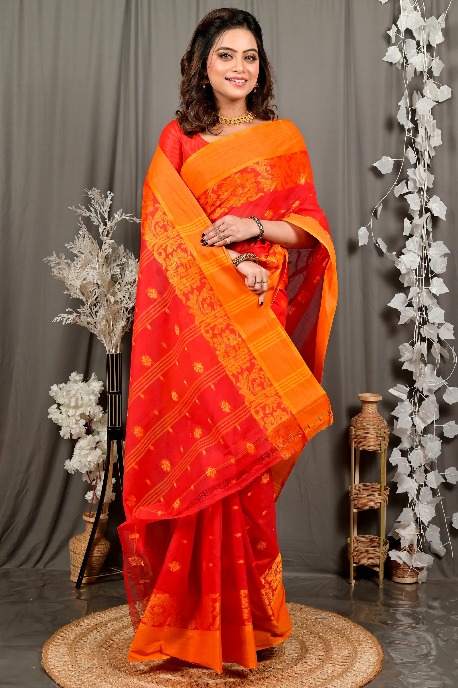 Red Pure Cotton Heruka Tant Saree (3140)