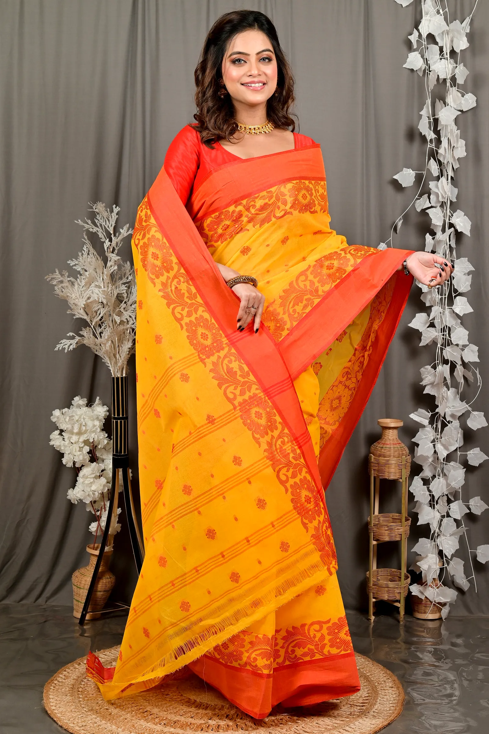 Yellow Red Pure Cotton Heruka Tant Saree (3141)