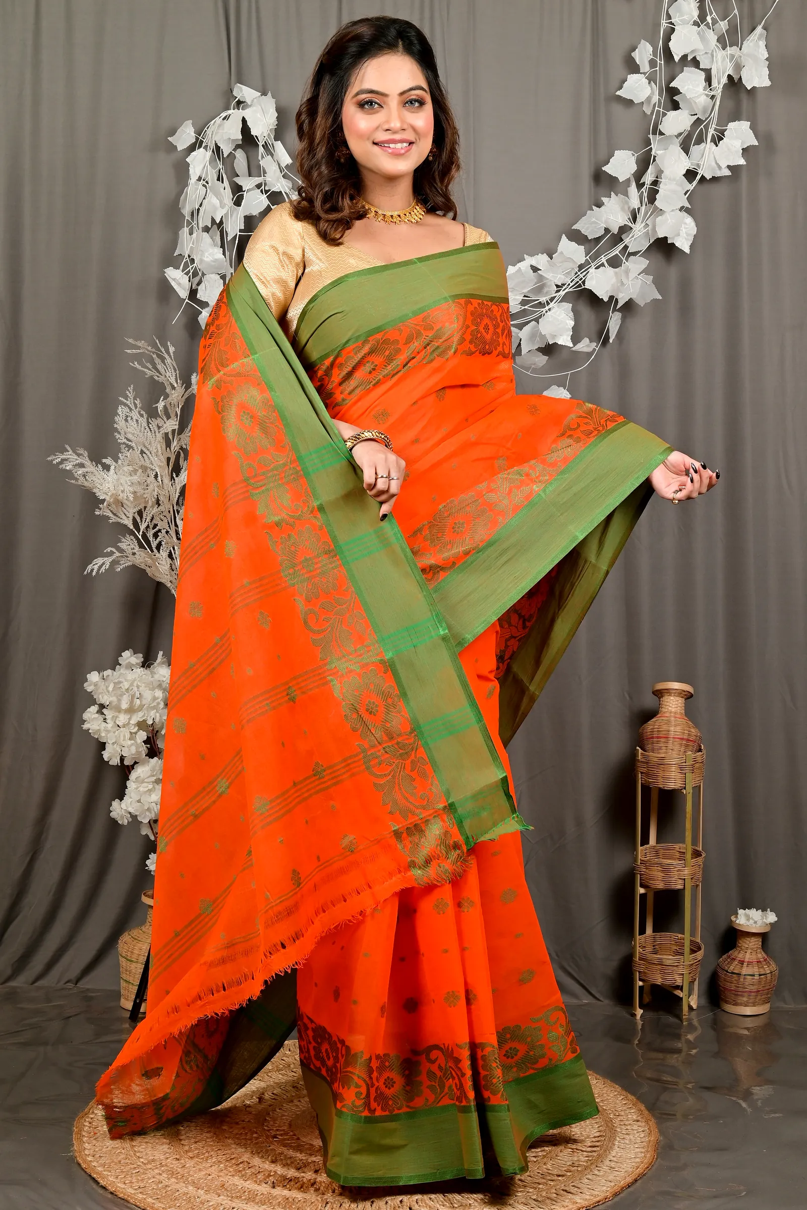 Orange Pure Cotton Heruka Tant Saree (3143)