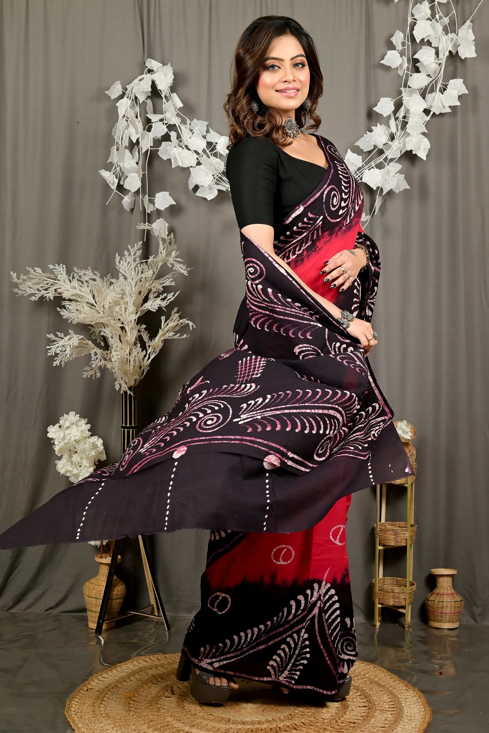 Maroon Pure Cotton Pihu Batik Print Saree (3146)