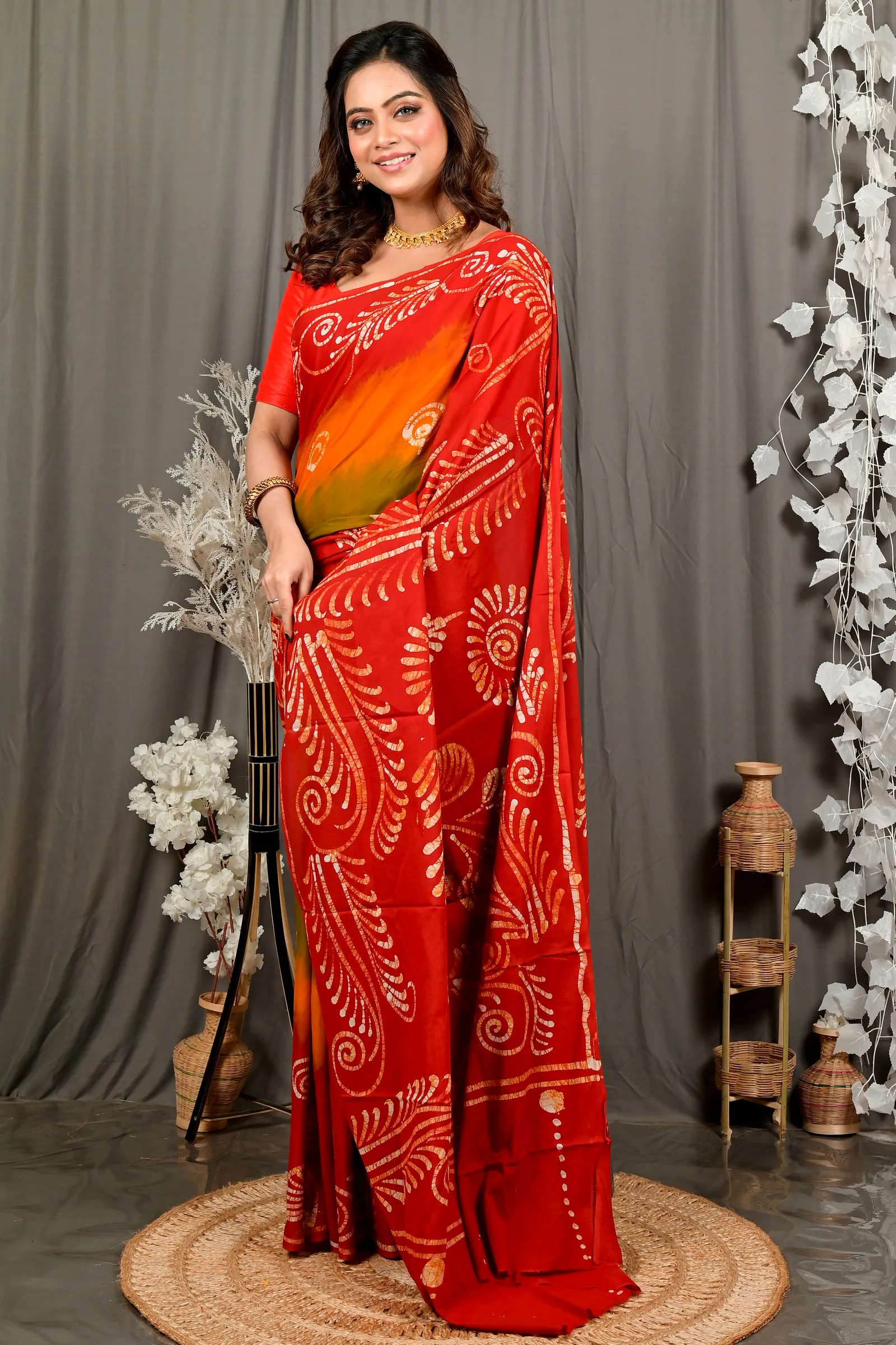 Red Pure Cotton Pihu Batik Print Saree (3147)