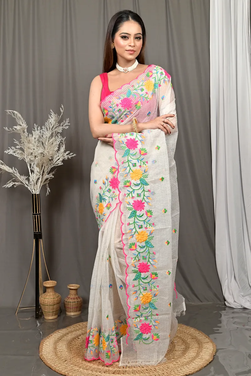 White Cotton Kotambo Mix Kota Embroidery Saree  (32)