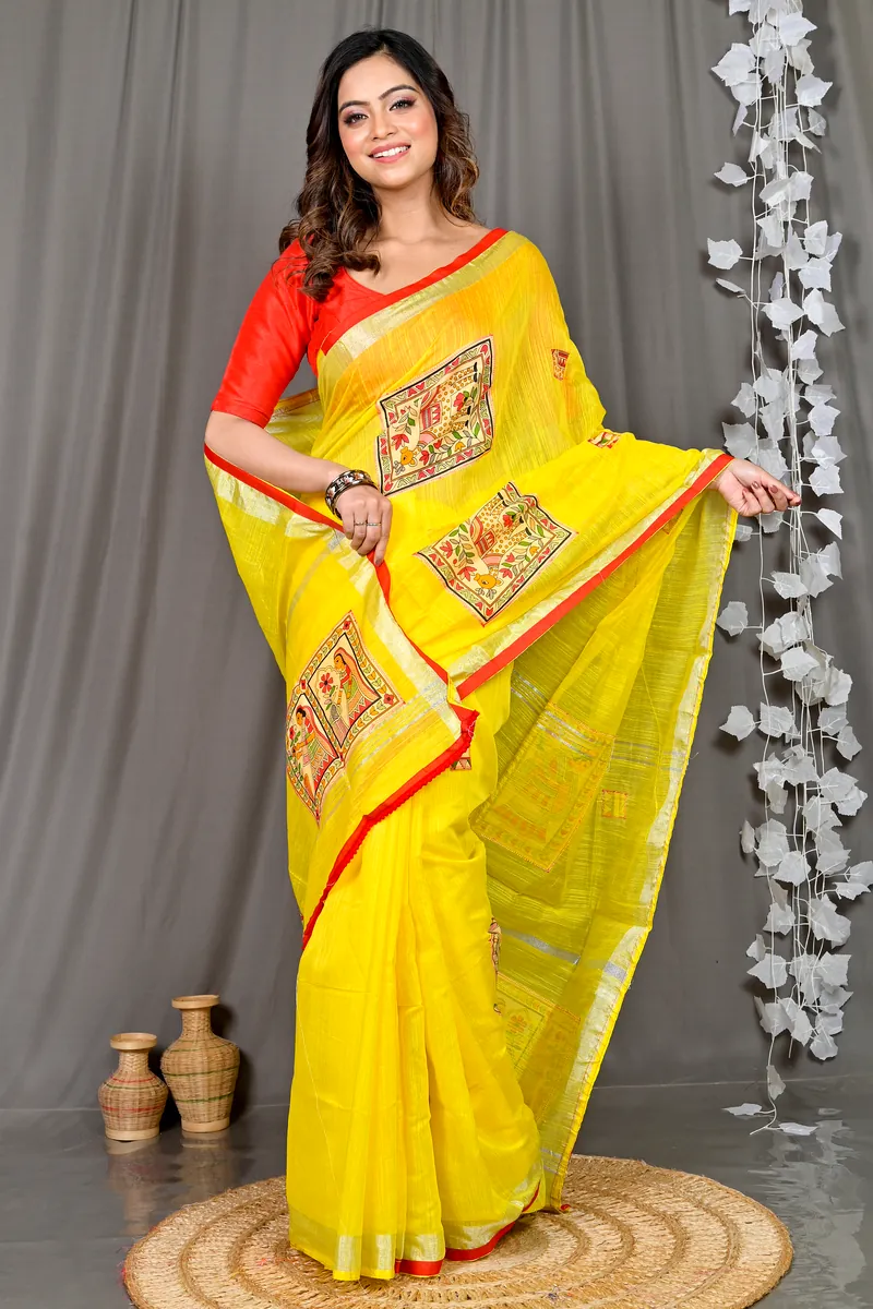 Yellow Cotton Blended Parija Applique Saree (320)