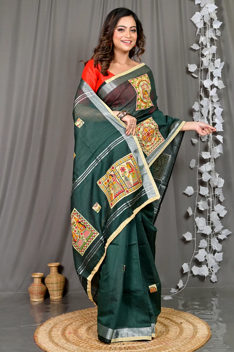 Dark Green Cotton Blended Parija Applique Saree (325)