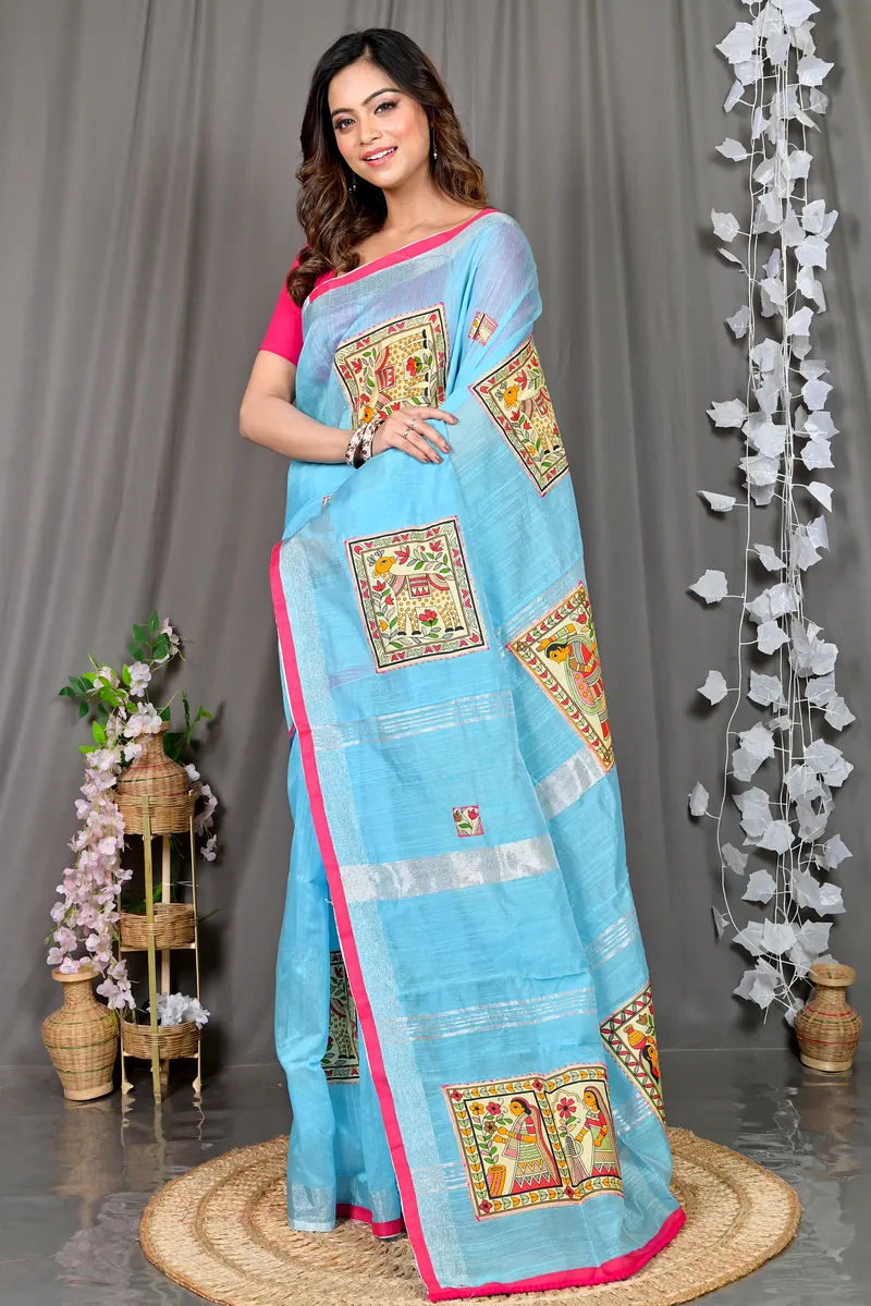 Sky Blue Cotton Blended Parija Applique Saree (326)