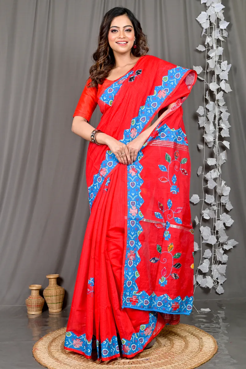 Red Cotton Blended Parik Applique Saree (328)