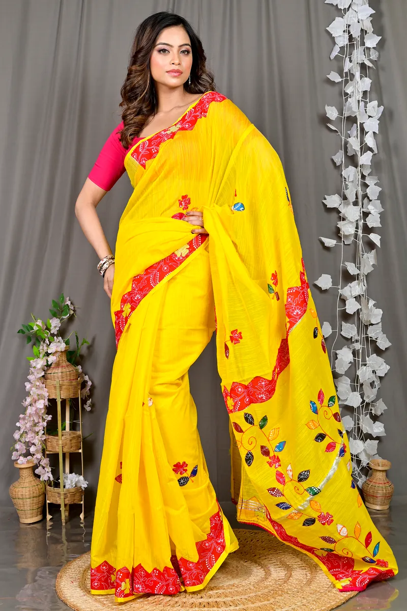 Yellow Red Cotton Blended Parik Applique Saree (329)