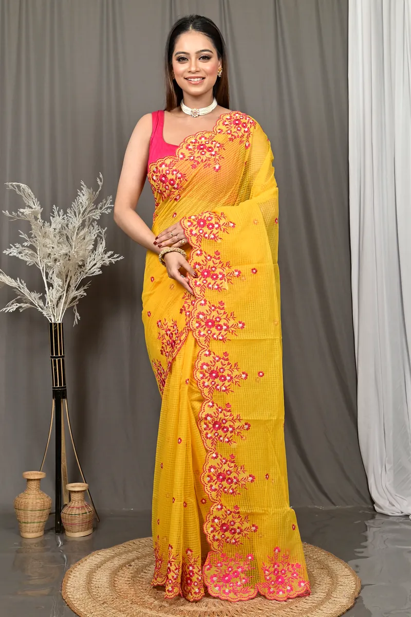 Yellow Cotton Kotambo Mix Kota Embroidery Saree  (33)