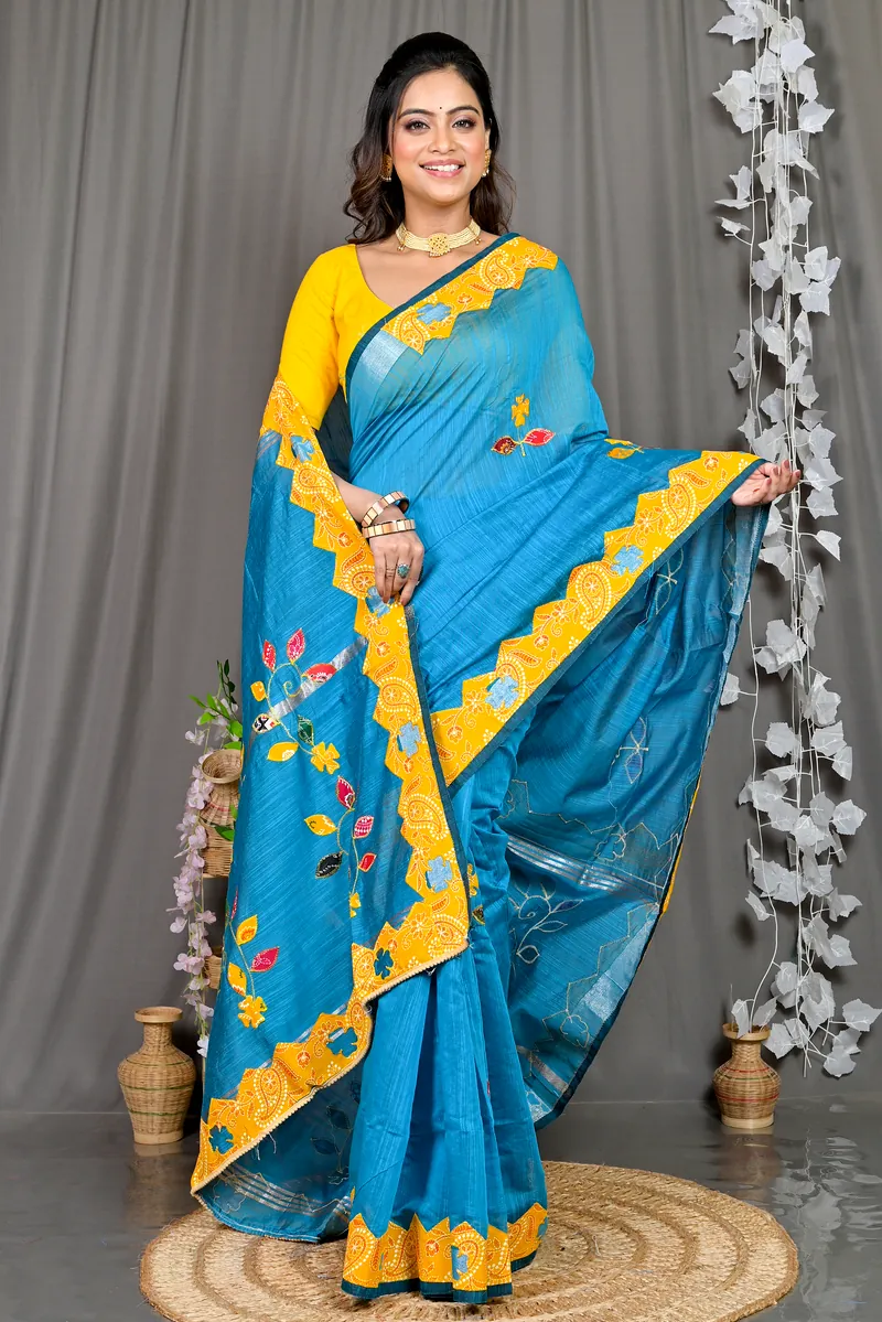 Sky Blue Cotton Blended Parik Applique Saree (331)