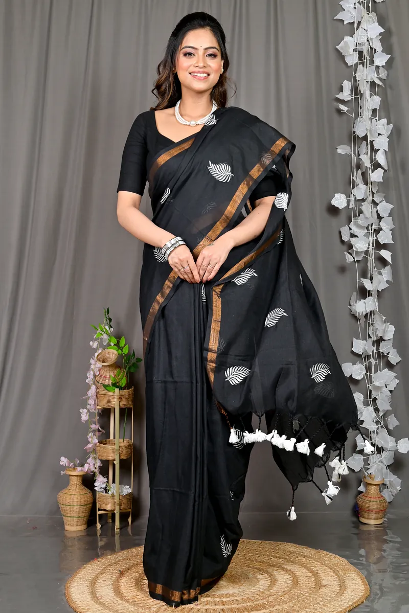 Black Cotton Blended Parin Hand Loom Saree (333)